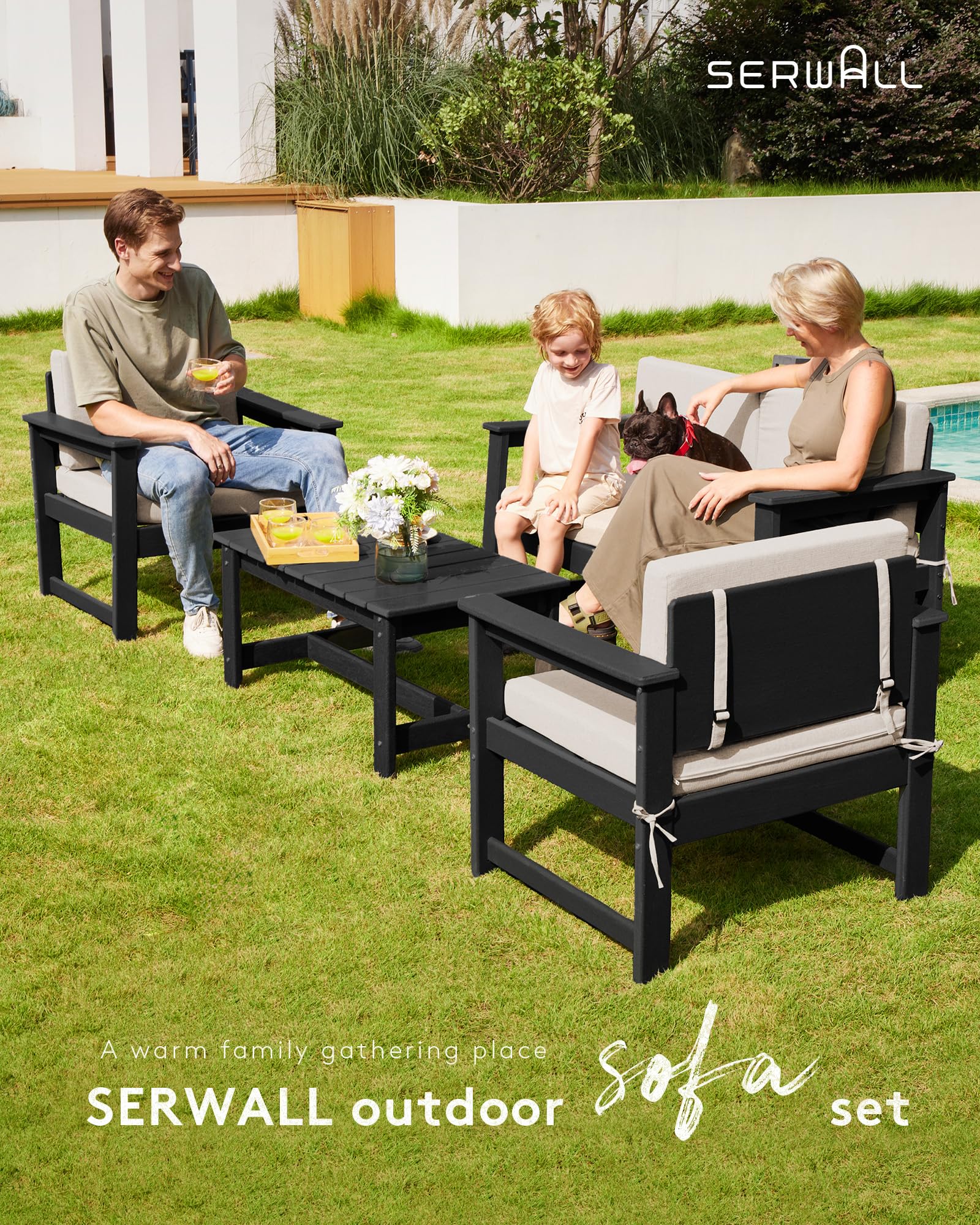 SERWALL 4-Piece Outdoor Patio Furniture Set - All-Weather HDPE Loveseat Sofa with Cushions & Coffee Table, Black Frame & Khaki Cushions for Garden, Deck, Backyard or Poolside Relaxation