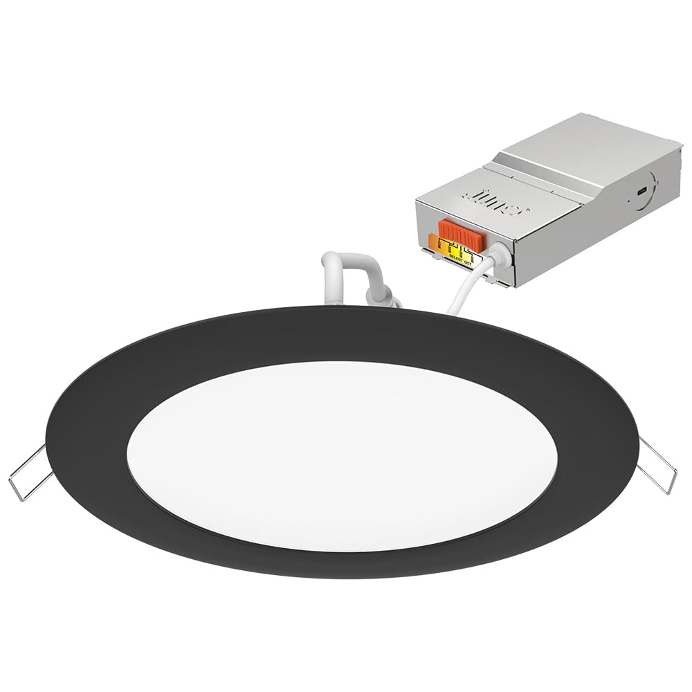 Juno LED Recessed Lights 6 Inch - Ultra Thin Round Wafer Downlight with Switchable Color Temperature (2700K-5000K) - 120V Dimmable Ceiling Light - 90 CRI - Matte Black (6-Pack) - Perfect for Living Room, Kitchen, Bedroom, and Office Lighting
