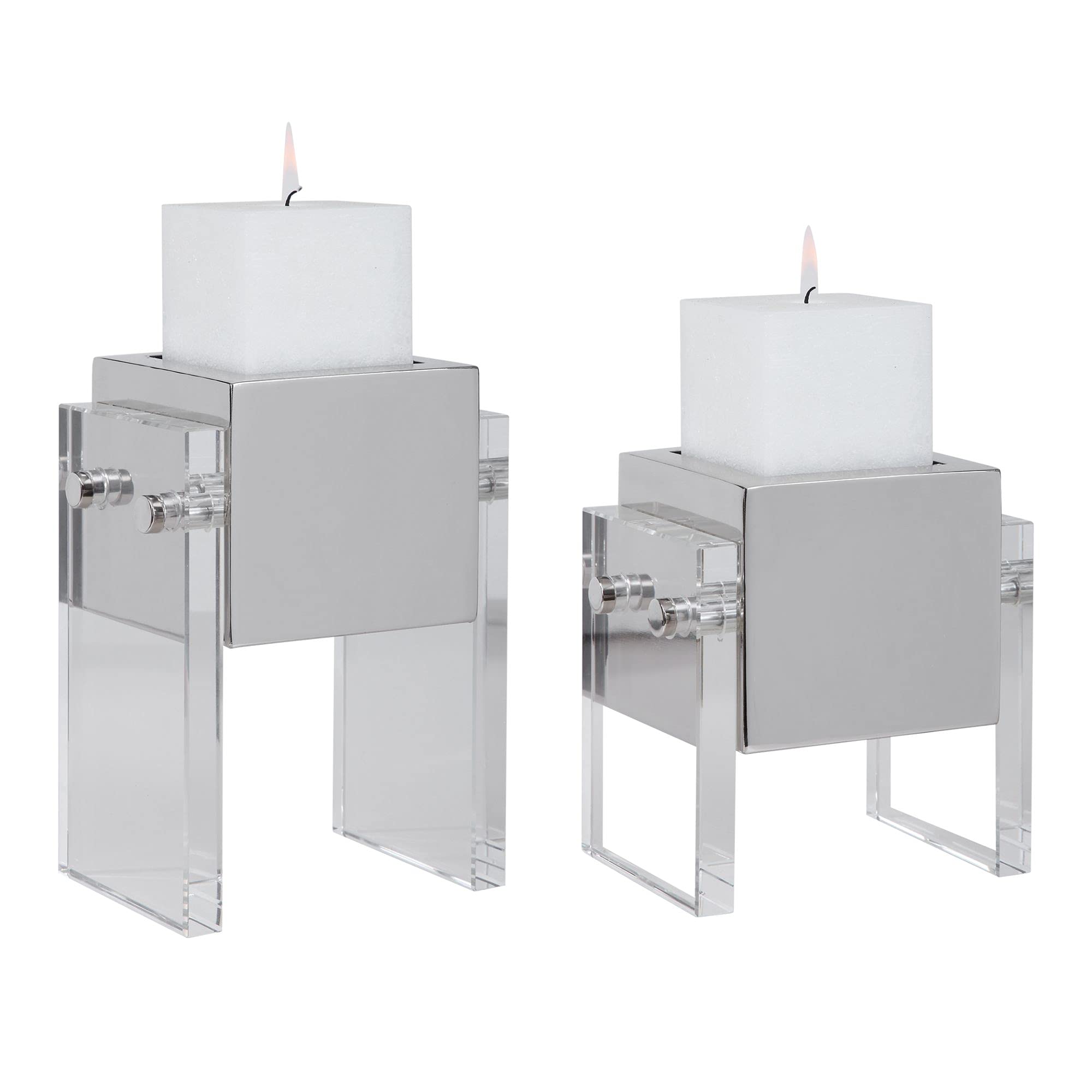 Set of 2 Modern Gray Square Candle Holders - 9 Inch Home Decor for Dining Table, Wedding Centerpiece, and Living Room Decor