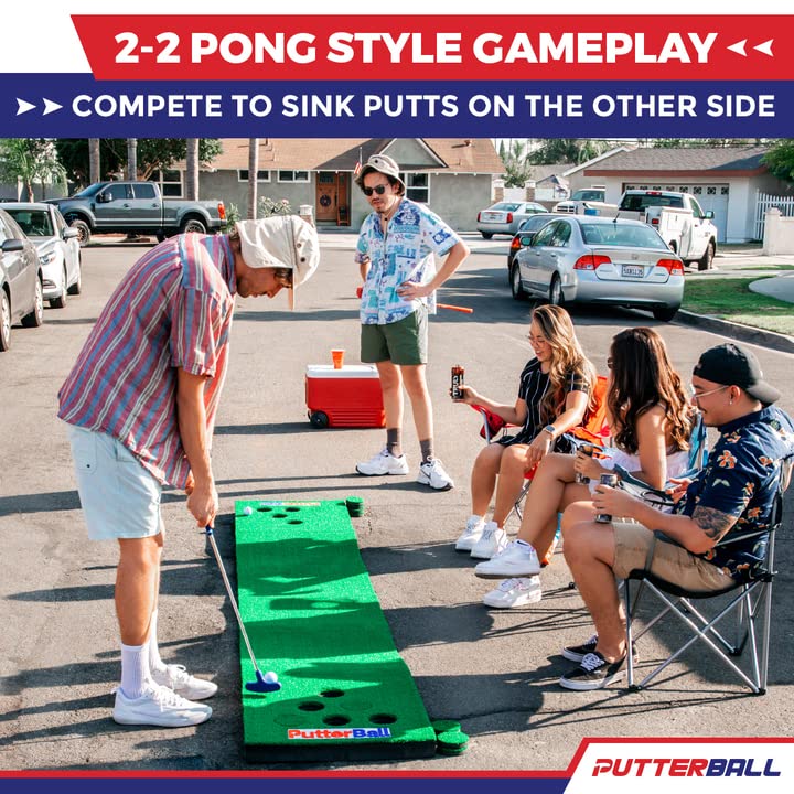 PutterBall Original Golf Pong Game Set - 2 Putters, 2 Balls & Hole Covers - Backyard Putting Green Mat for Indoor & Outdoor Fun - Perfect Party Game for Home, Office, Beach - Great Gift for Family & Friends - Ideal for BBQs, Tailgating & Backyard Parties