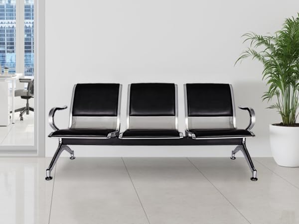 Premium PU Leather Waiting Room Chairs - 3-Seat Reception Sofa for Airport, Office, Bank & Hospital - Modern Black & Silver Guest Seating - Perfect for Lobbies, Waiting Areas & Public Spaces