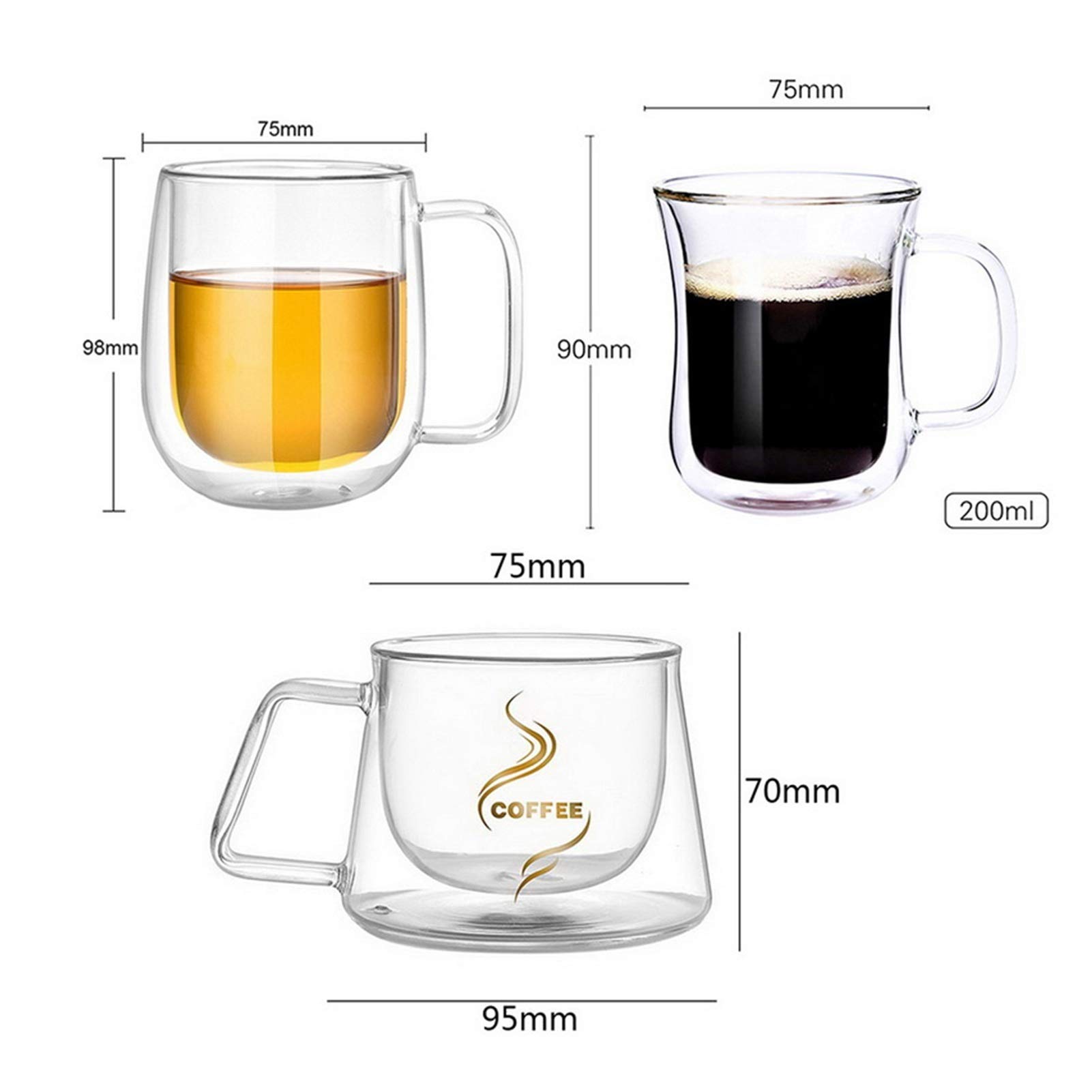 Premium Double Wall Glass Coffee Mug - 200ml Handmade Insulated Tea Cup for Hot/Cold Drinks, Beer, Healthy Beverages - Transparent Drinkware for Home, Office, Cafe Use (Color: Clear)
