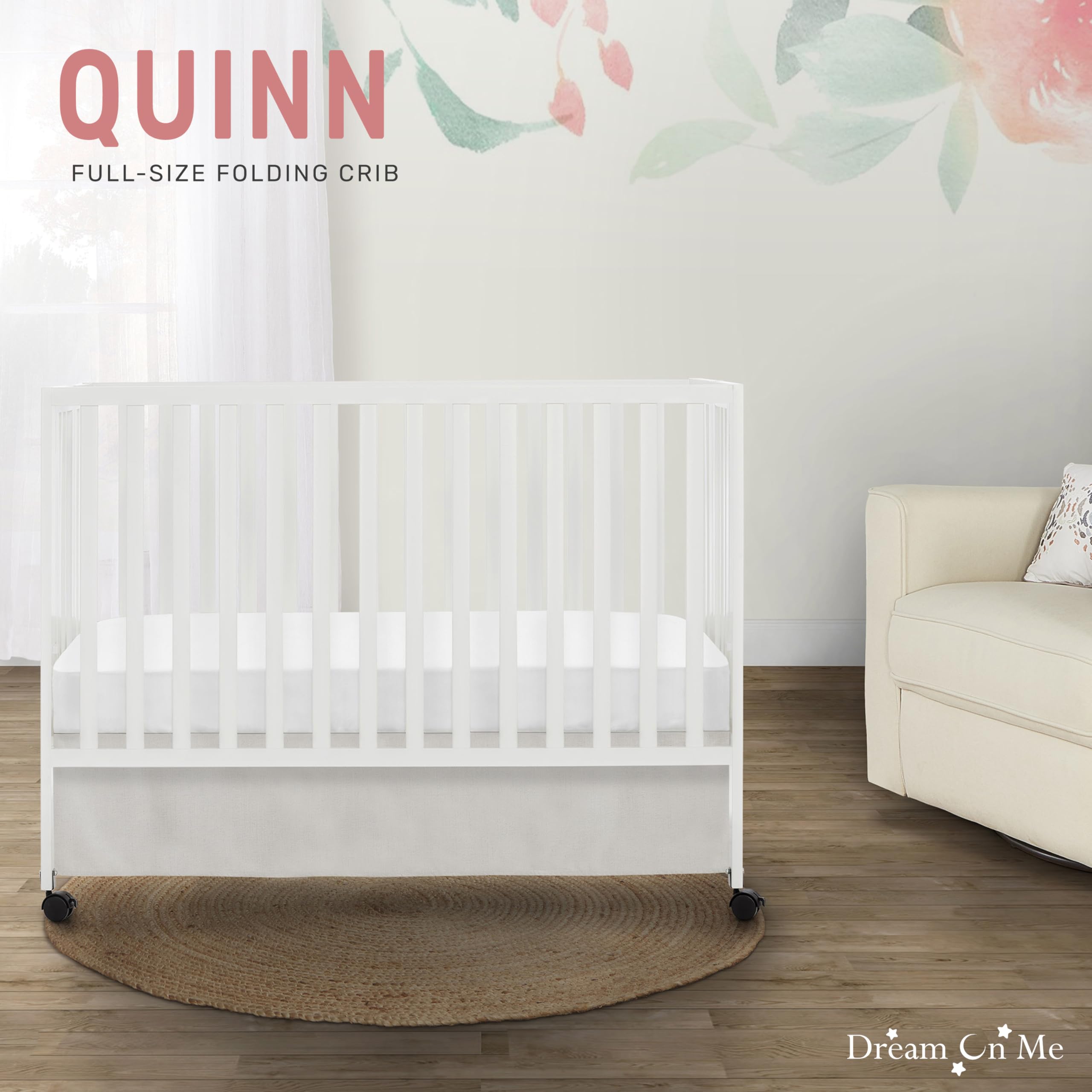 Dream On Me Quinn Full-Size Folding Crib - White Nursery Crib with Removable Wheels & Adjustable Mattress Support | Portable Baby Bed with Patented Folding System | Perfect for Small Spaces, Travel & Modern Nurseries