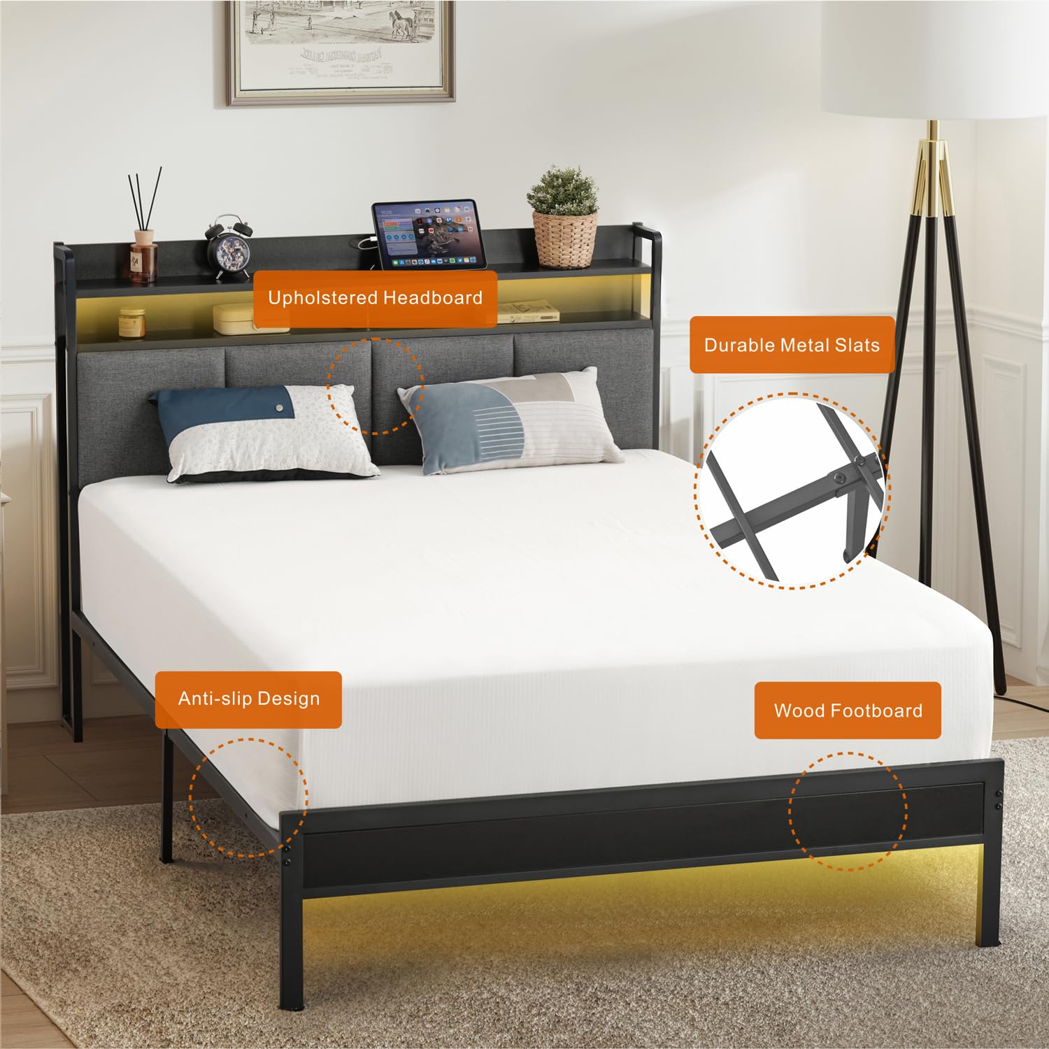 Z-hom Upholstered Twin Bed Frame with LED Headboard - Modern Metal Platform Bed with USB Charging Ports & Storage Shelves, Noise-Free Easy Assembly Bedroom Furniture for Teens, Dorms & Small Spaces