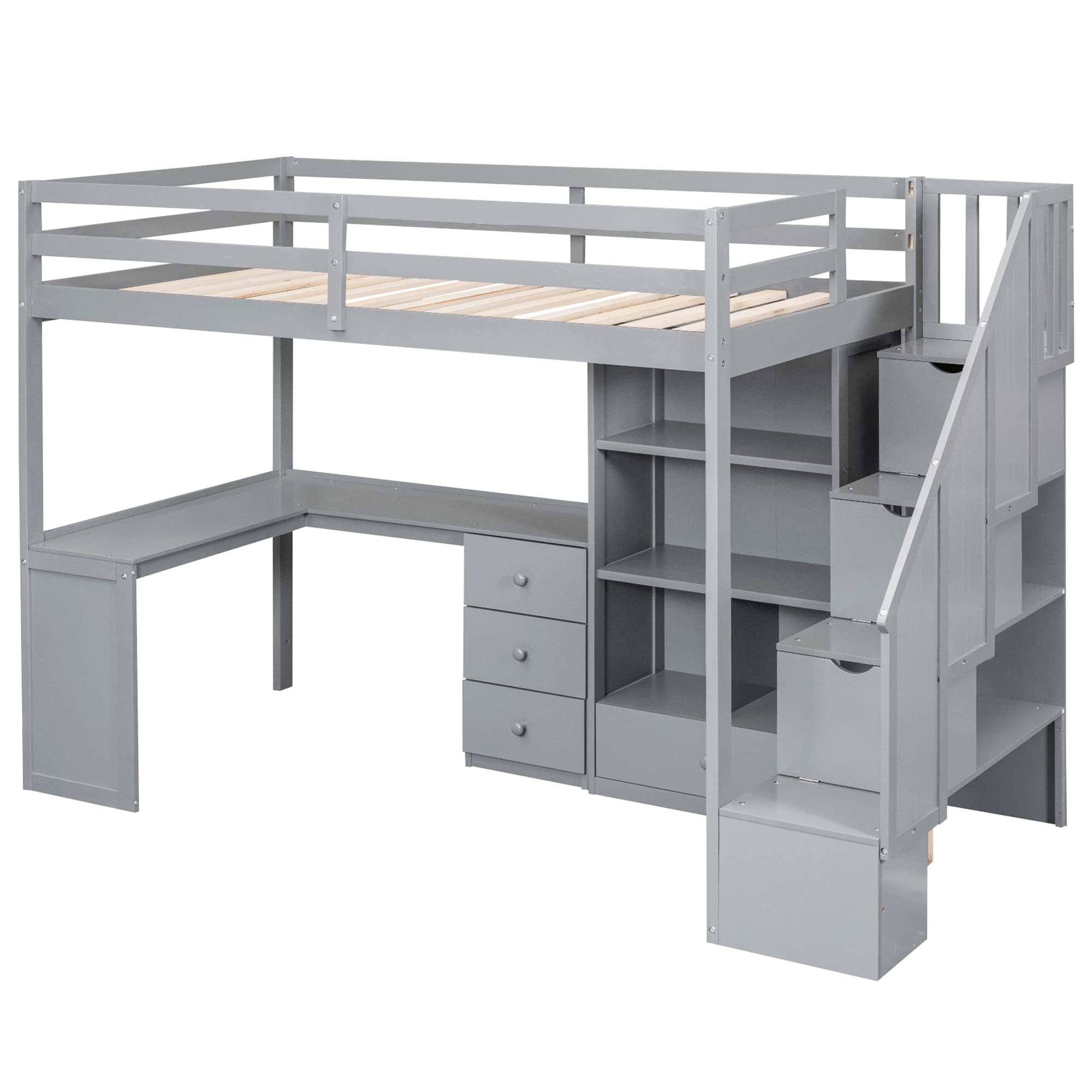 HABITRIO Twin Size Loft Bed with L-Shaped Desk, Storage Staircase & Drawers - Space Saving Study Bed with Cabinet & Shelves for Small Rooms, Grey - Perfect for Kids & Teens Bedroom, Dorm Room or Studio Apartment