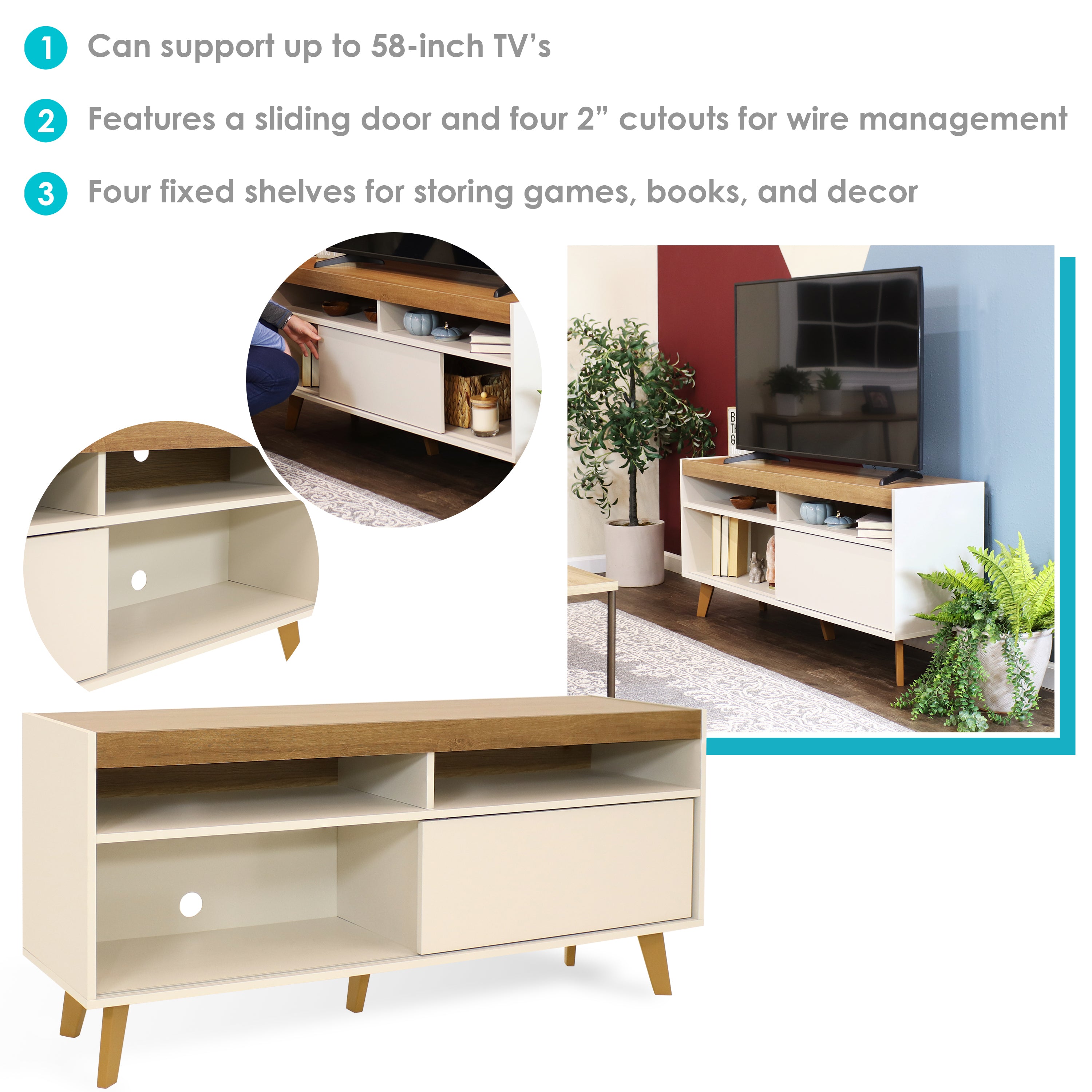 Mid Century Modern TV Stand for 58 Inch Flat Screen - Sunnydaze Retro Entertainment Center with Storage for Living Room & Home Theater