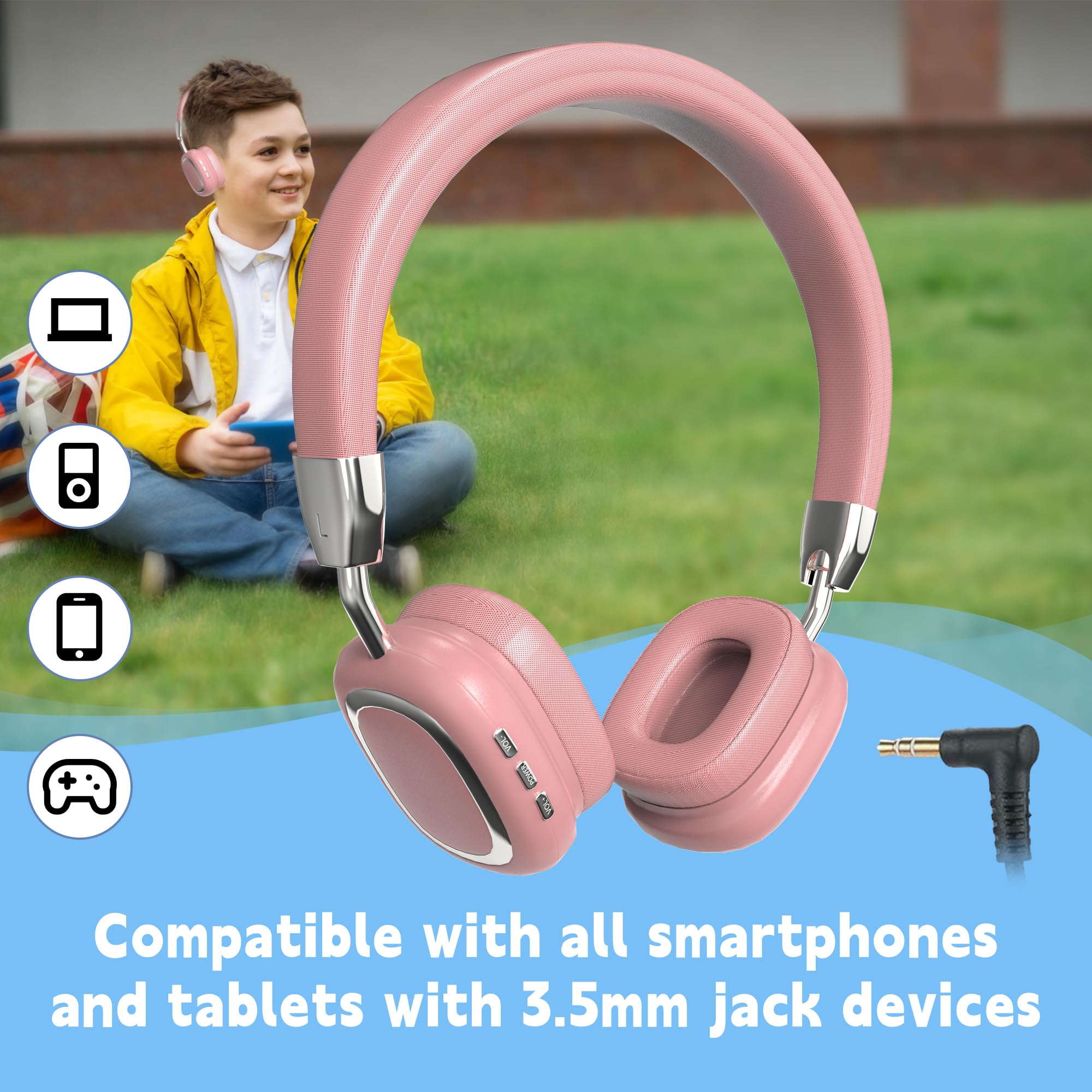 Wireless Bluetooth Over-Ear Headphones with Mic - Foldable, Lightweight Design, Wired Option - Stereo Sound for Phone, PC, Laptop - Soft Earmuffs for Comfortable Long Wear (Pink) | Perfect for Travel, Workouts, Office & Gaming