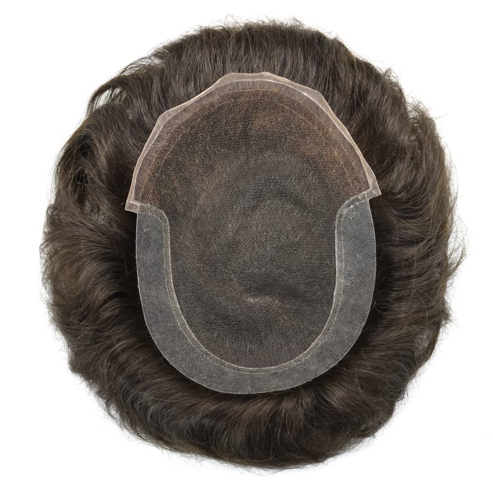 Premium Swiss Lace Toupee for Men - 6x8 Human Hair Replacement System (1B Off Black, 120% Density) - Natural Looking Hairpiece for Daily Wear & Special Occasions