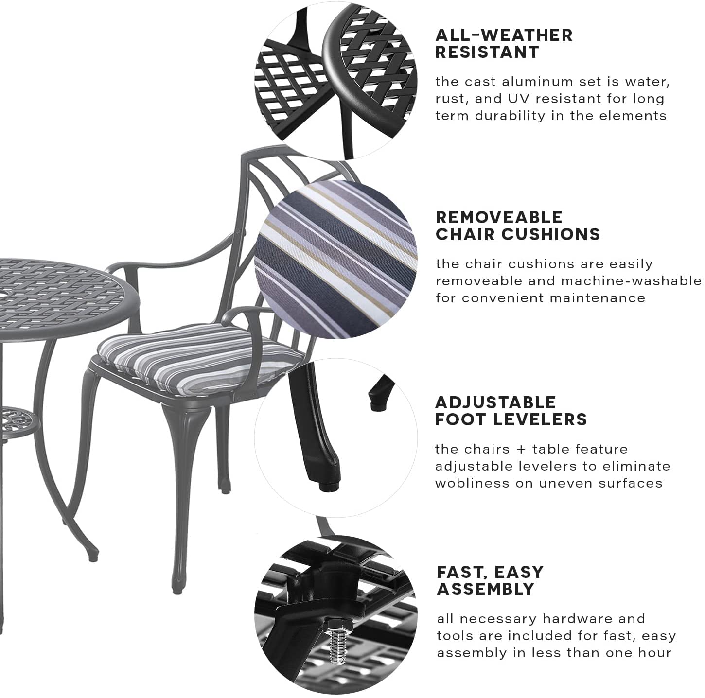 3Pcs Black Cast Aluminum Patio Bistro Set with Cushions - Outdoor Dining Table with Umbrella Hole & 2 Chairs - Durable Metal Garden Furniture for Backyard, Poolside & Balcony Relaxation