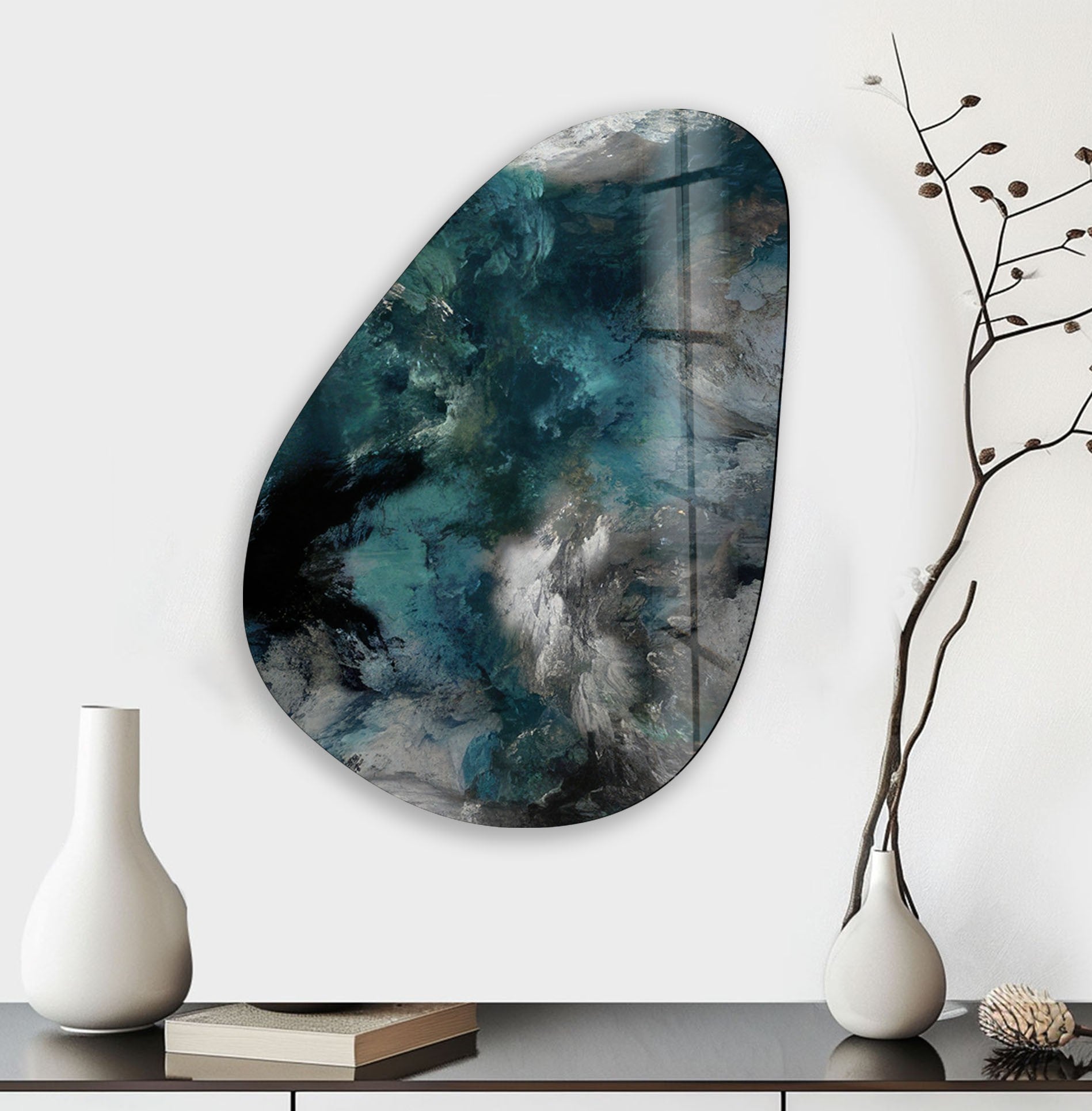 Asymmetrical Oval Dark Smoke Glass Wall Art - Modern Abstract Home Decor for Living Room, Bedroom & Office - Unique Handcrafted Glass Artwork