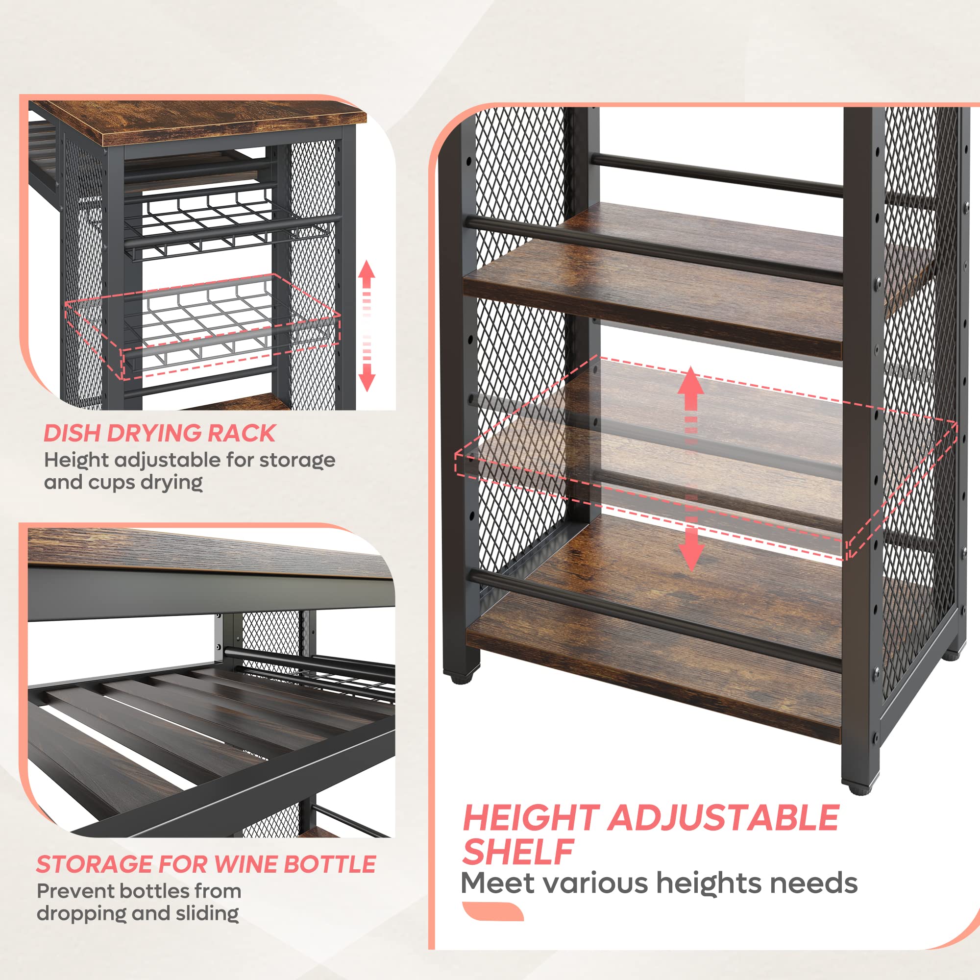 Bestier Expandable Bar Table and Chair Set with 2 Bar Stools, Industrial Kitchen Counter with Wine Rack & 3-Tier Adjustable Storage Shelves - Rustic Brown - Perfect for Small Spaces, Dining Rooms, Kitchen Islands, and Home Bars