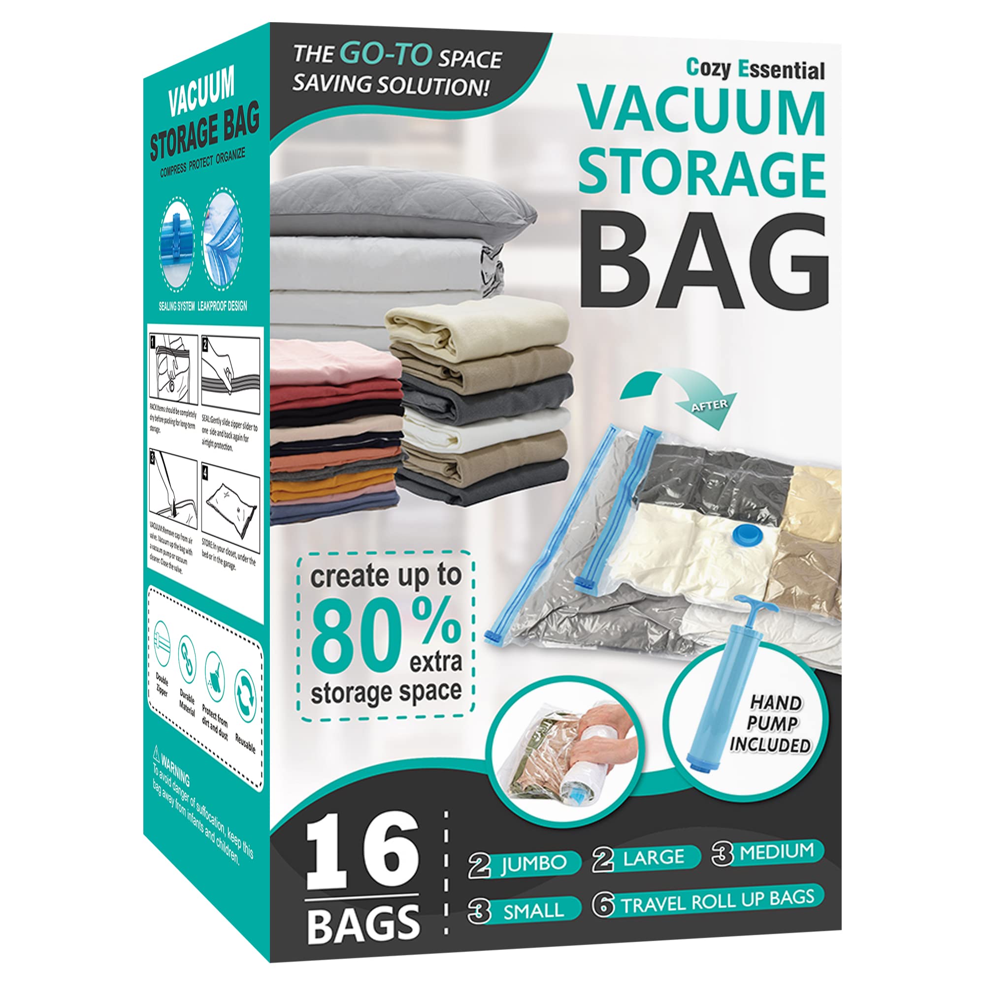 16 Pack Vacuum Storage Bags - Space Saver Compression Bags (2 Jumbo/2 Large/3 Medium/3 Small/6 Roll) for Clothes, Comforters & Blankets | Includes Hand Pump | Perfect for Seasonal Storage, Travel & Home Organization
