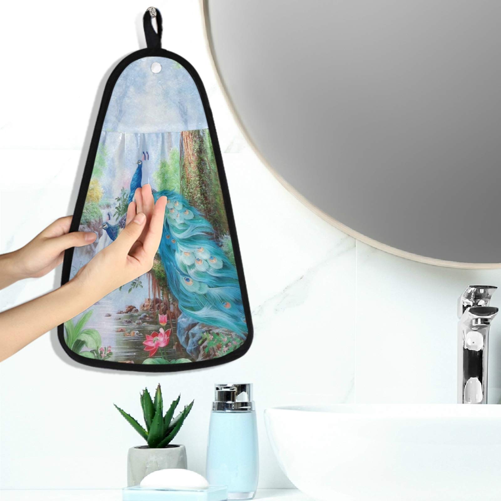Visesunny Pretty Peacock Hand Towel - Soft Absorbent Cotton Dish Cloth with Hanging Loop for Kitchen & Bathroom - Decorative Washcloth for Drying Dishes, Cleaning Surfaces & Home Decor