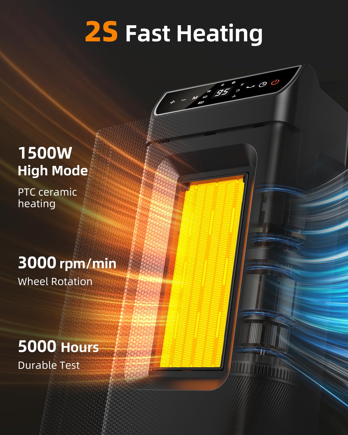 1500W PTC Ceramic Space Heater with Thermostat & Remote - Fast Heating, 70° Oscillation, 12H Timer & Overheat Protection - Perfect for Office, Bedroom & Indoor Use (Black) | Stay Warm & Cozy in Winter