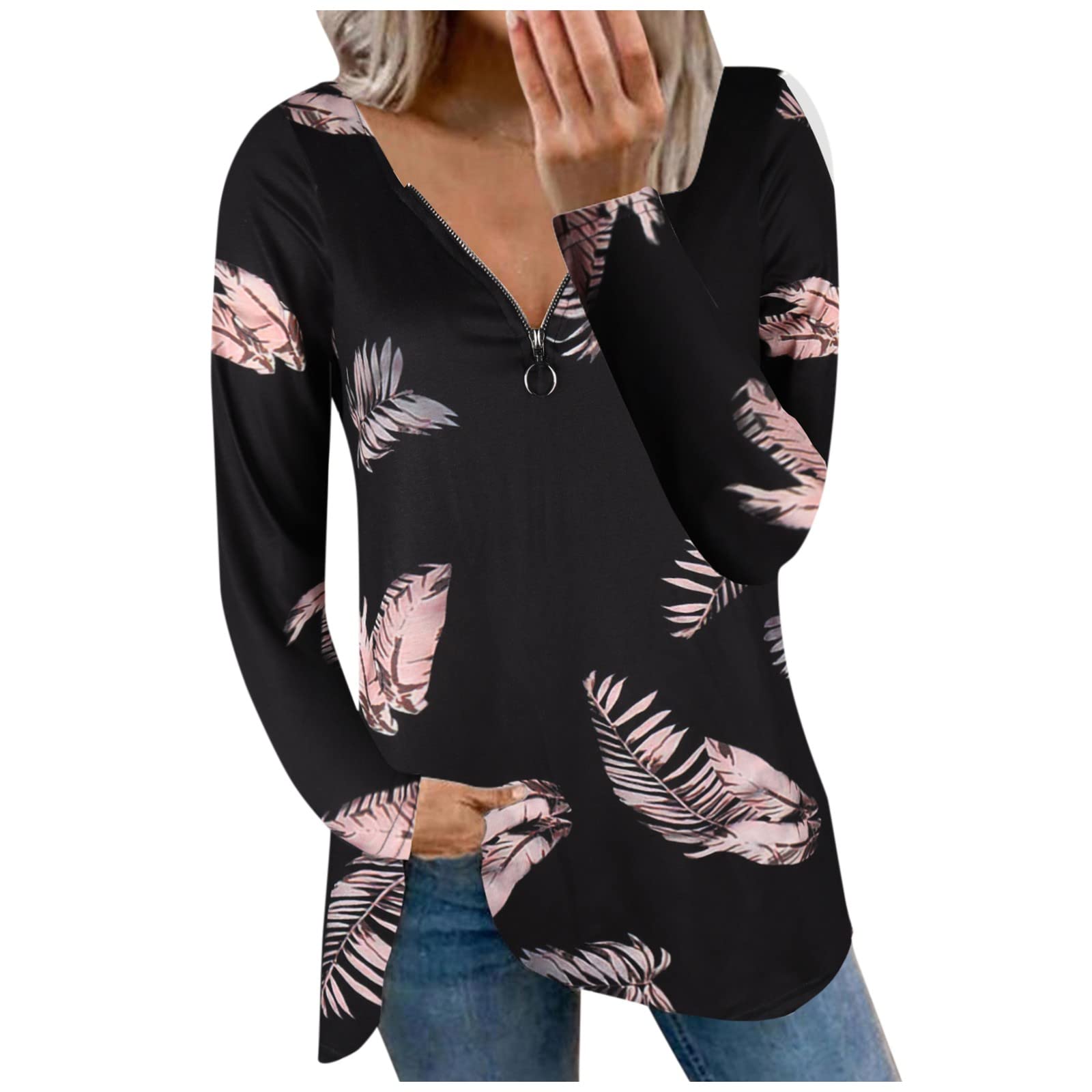 Women's Floral Print V-Neck Zip Up Tunic T-Shirt - Long Sleeve Flowy Blouse for Fall Workwear & Casual Outfits | Perfect for Office, Date Night & Autumn Layering