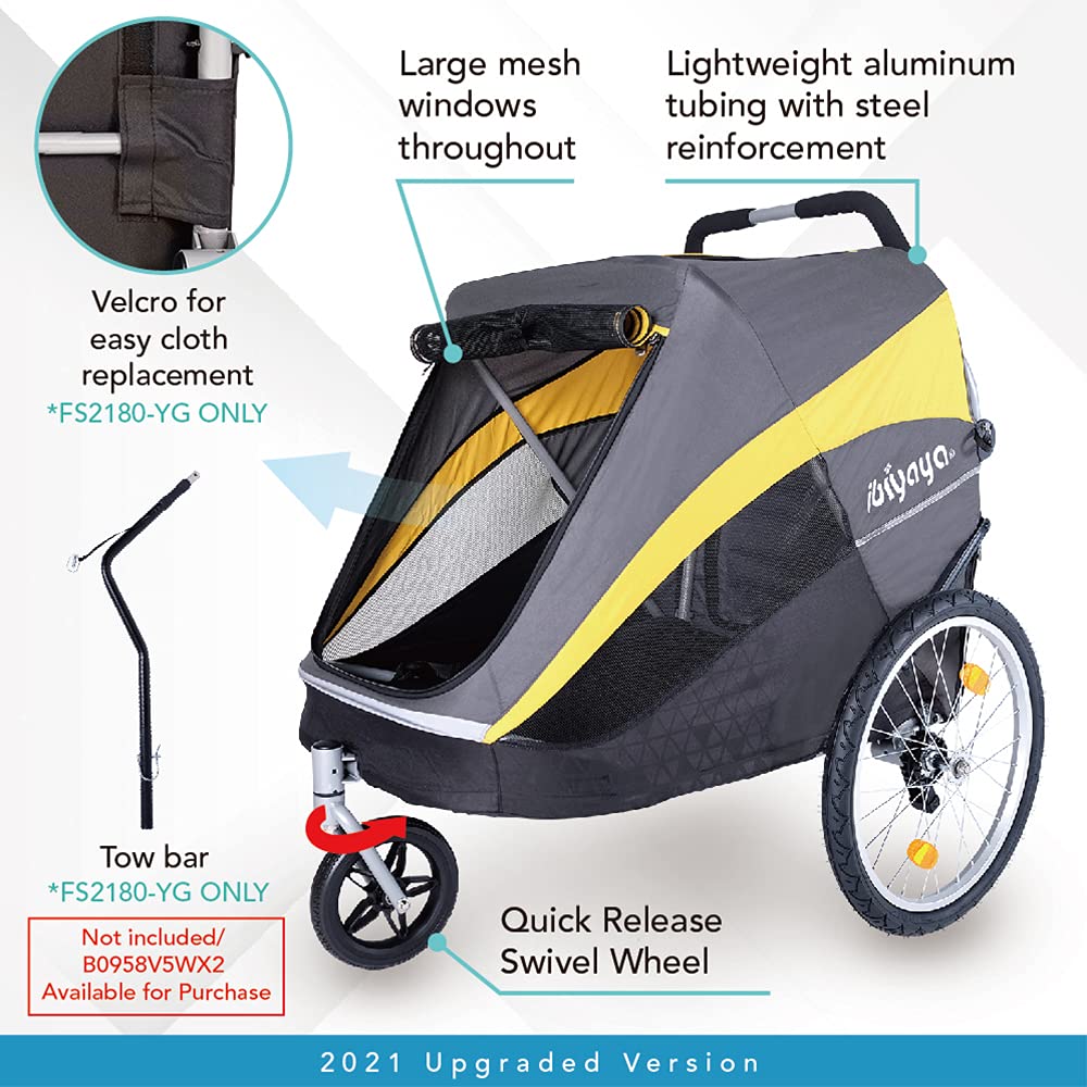 Ibiyaya Hercules Large Dog Stroller for Big Dogs & Cats - Foldable Pet Carrier with Spacious Interior & Air-Filled Tires for Smooth Ride - Black & Yellow - Perfect for Outdoor Walks, Vet Visits & Shopping Trips
