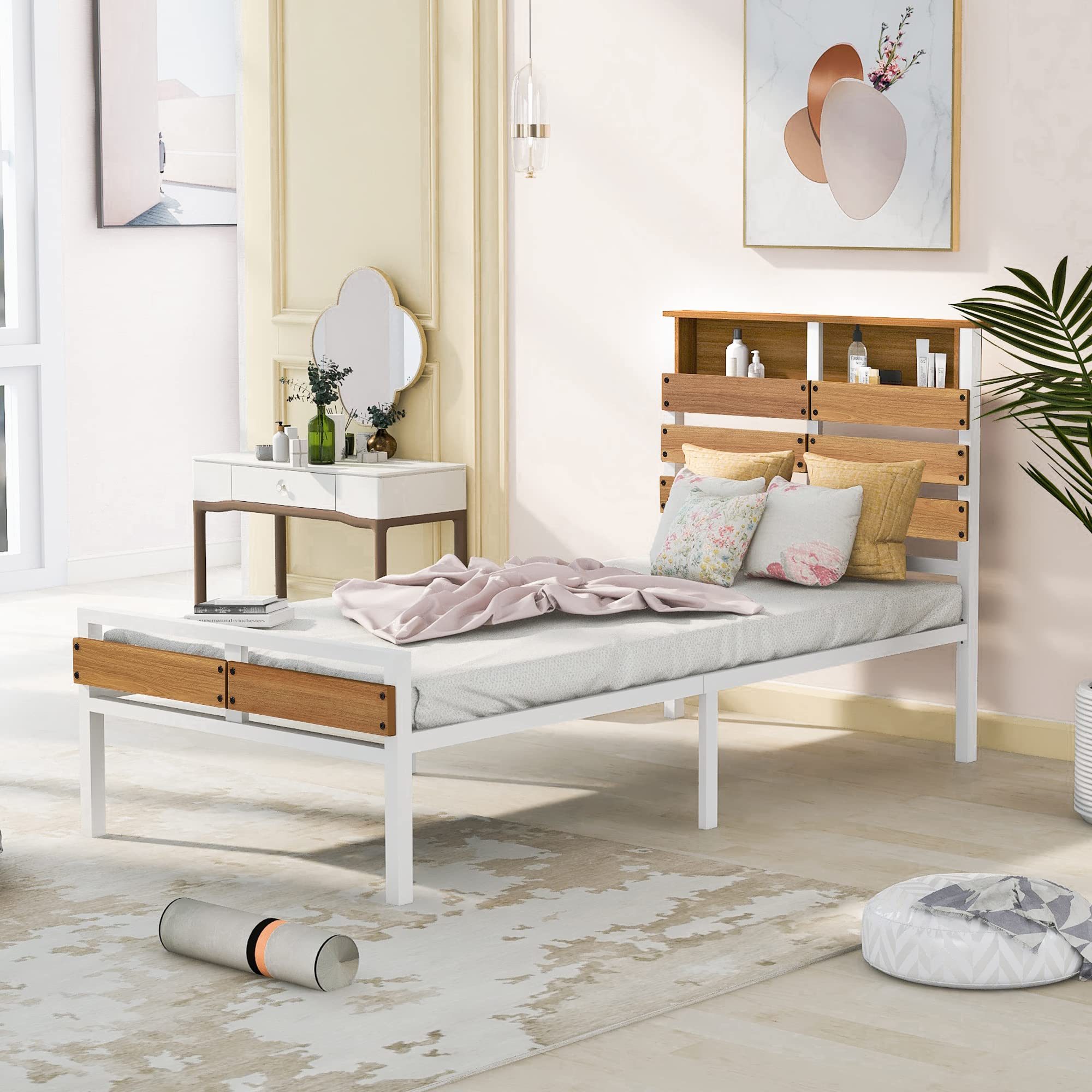 SYCT Twin Size Platform Bed Frame - Sturdy Metal & Wood Construction with Storage Shelves, Headboard & Footboard - No Box Spring Needed (White) | Perfect for Kids' Rooms, Guest Beds & Small Spaces