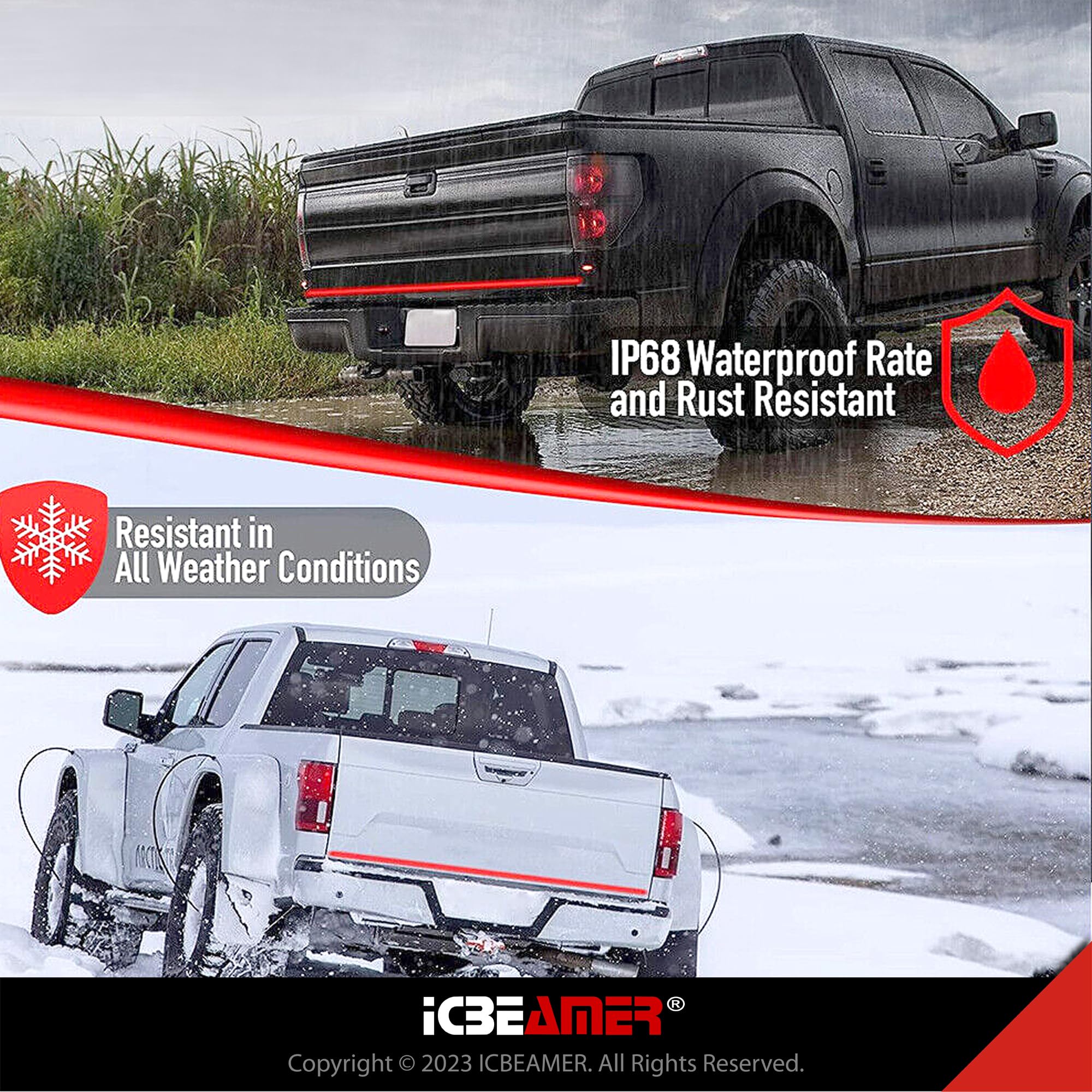 ICBEAMER 60-Inch Triple Row 504 LED Light Bar for Pickup Trucks - Waterproof IP67 Tailgate & Bed Lighting with 6 Functions (Brake/Turn Signal/Sequential/Reverse/Flashing) - Perfect for Off-Roading, Camping & Nighttime Safety