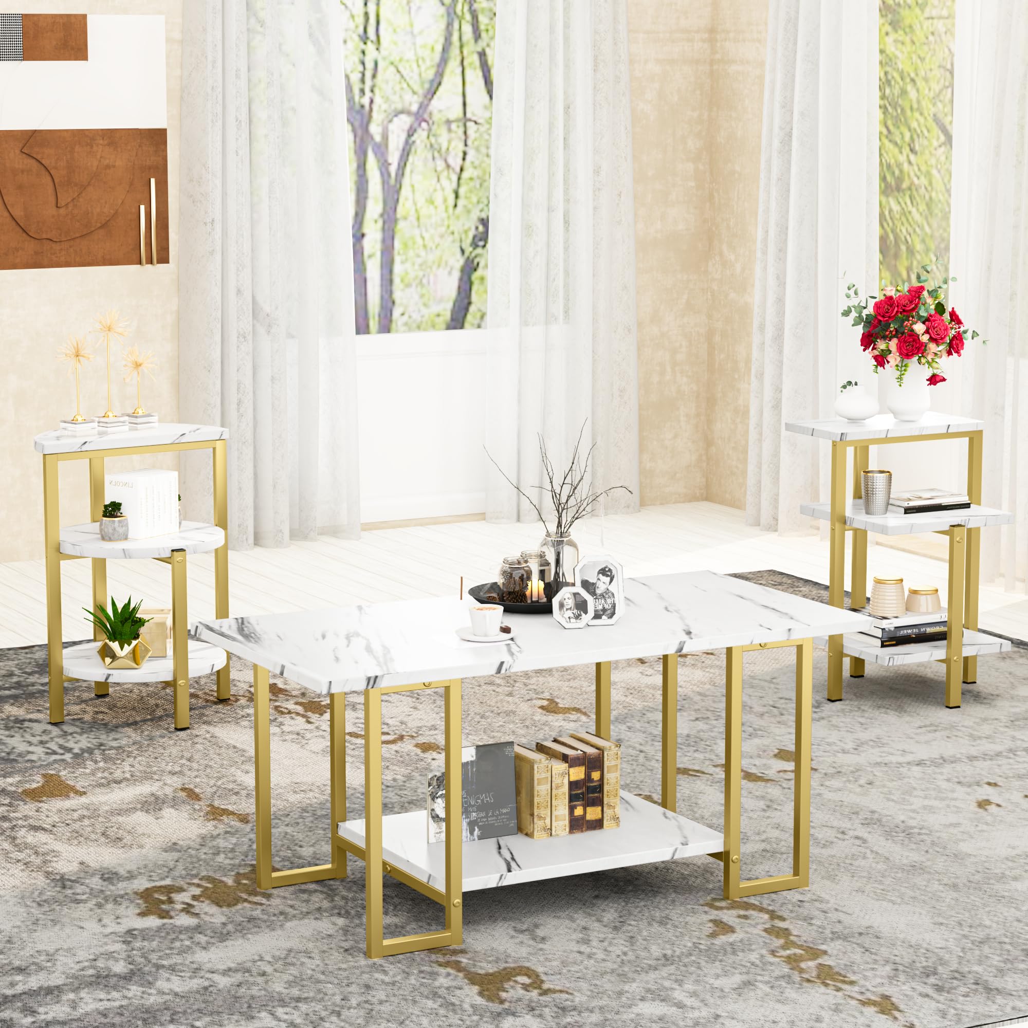 Lamerge 3-Piece Coffee Table Set - Rectangle Coffee Table & 2 Accent Tables with Faux Marble Tabletop, Multi-Tier Storage - White & Gold Living Room Furniture for Small Spaces, Apartments | Perfect for Modern Home Decor, Coffee Time & Living Room Organization (LCTS-wg)