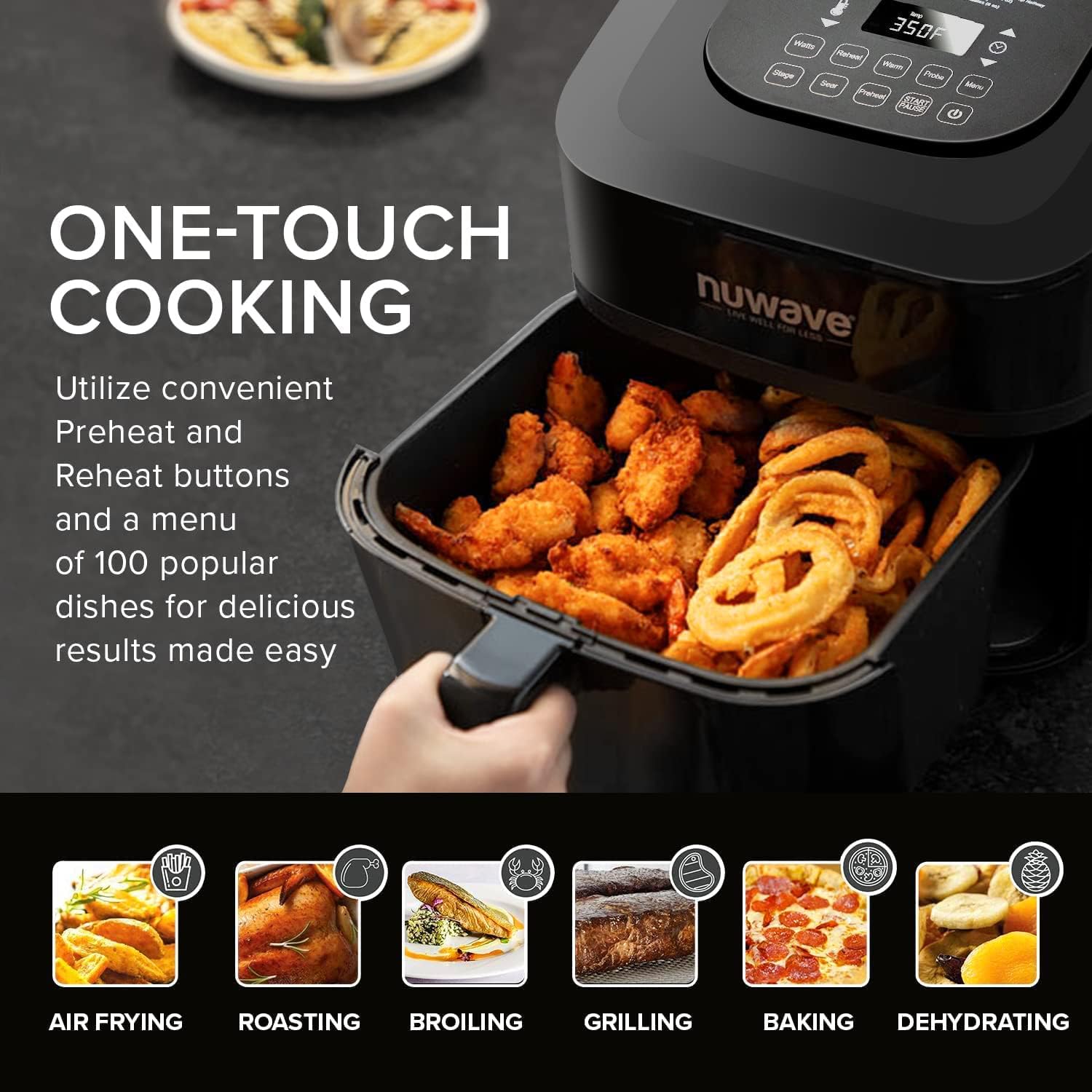 NUWAVE Brio 8-Quart Air Fryer with 1800W Power - Digital Display, Precise 50°F to 400°F Temperature Control - 100 Presets & 50 Memory Slots - Built-in Smart Thermometer & Linear T Technology - Perfect for Healthy Cooking, Family Meals & Quick Snacks