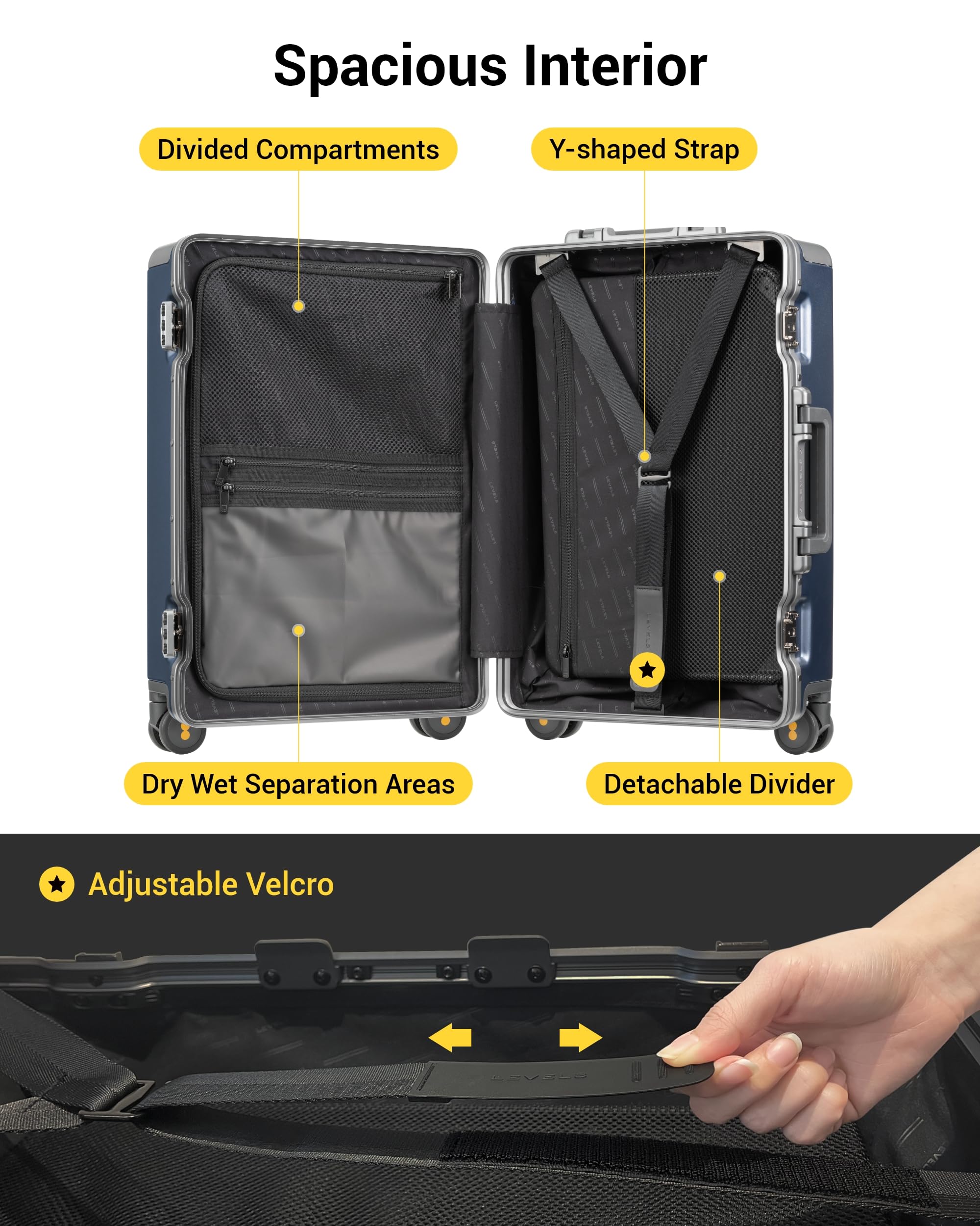 **LEVEL8 20 Inch Carry On Luggage - Airline Approved Lightweight Hard Shell Spinner Suitcase with Aluminum Frame, Zipperless Design & Double TSA Locks (Blue) - Perfect for Business Travel & Weekend Getaways**