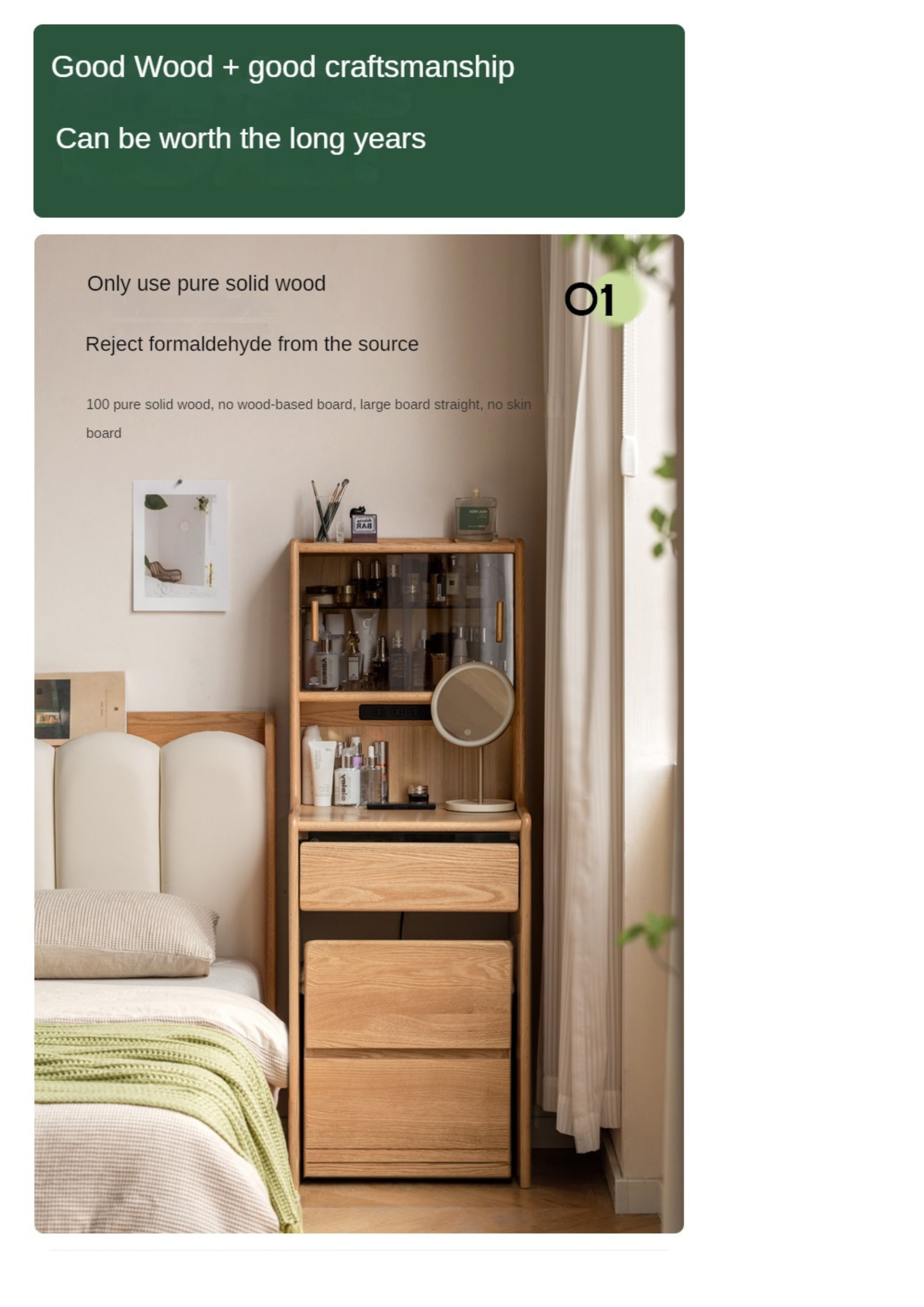 Solid Oak Wood Modern Minimalist Bedside Dressing Table - Perfect for Small Bedrooms & Apartment Vanity Areas