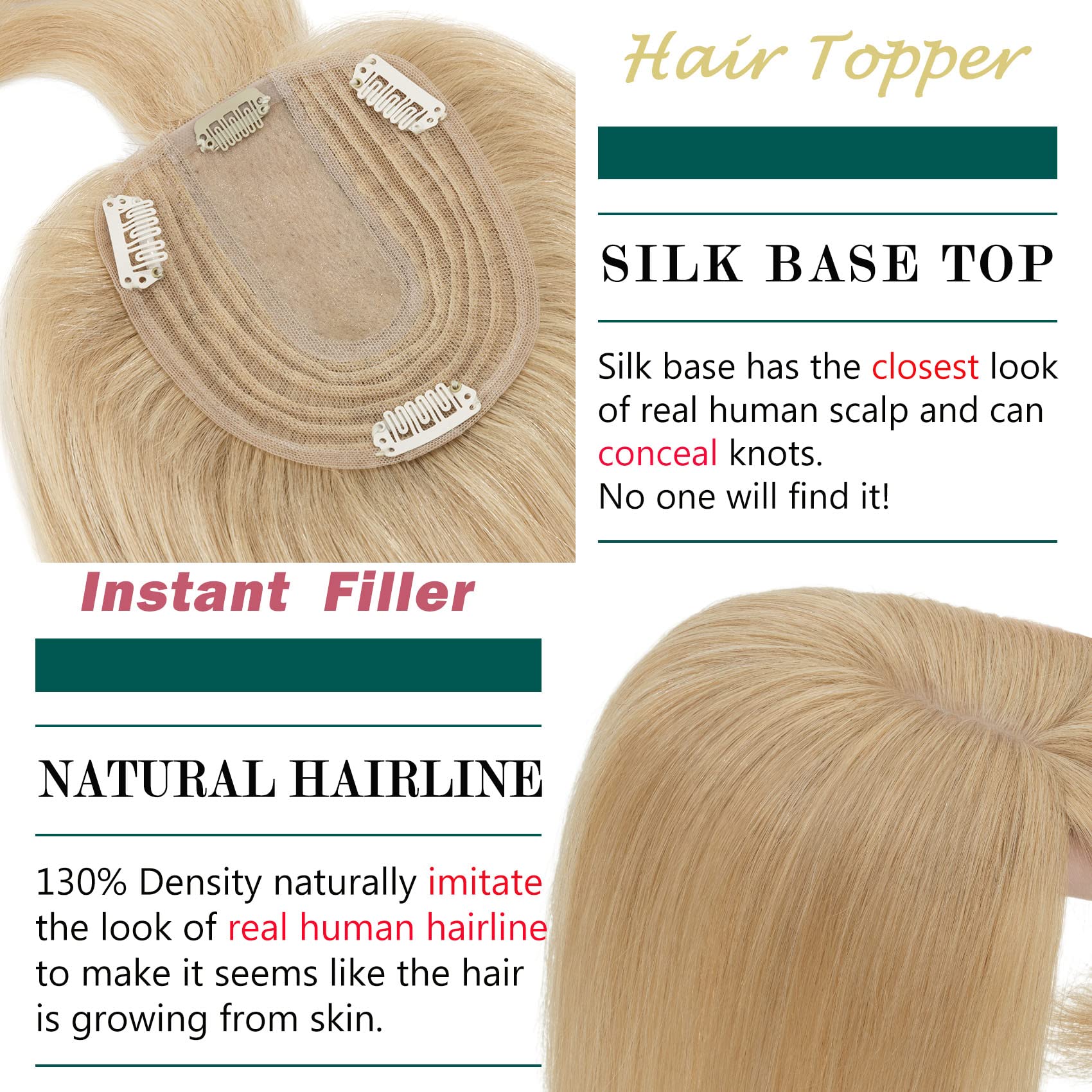 Premium 130% Density Human Hair Toppers with Bangs | Hand-Tied Silk Base Clip-In Hairpiece for Women | Thinning Hair & Hair Loss Solution | Gray Hair Coverage | 14 Inch 45g Natural Blonde | Perfect for Daily Wear, Special Occasions & Confidence Boosting
