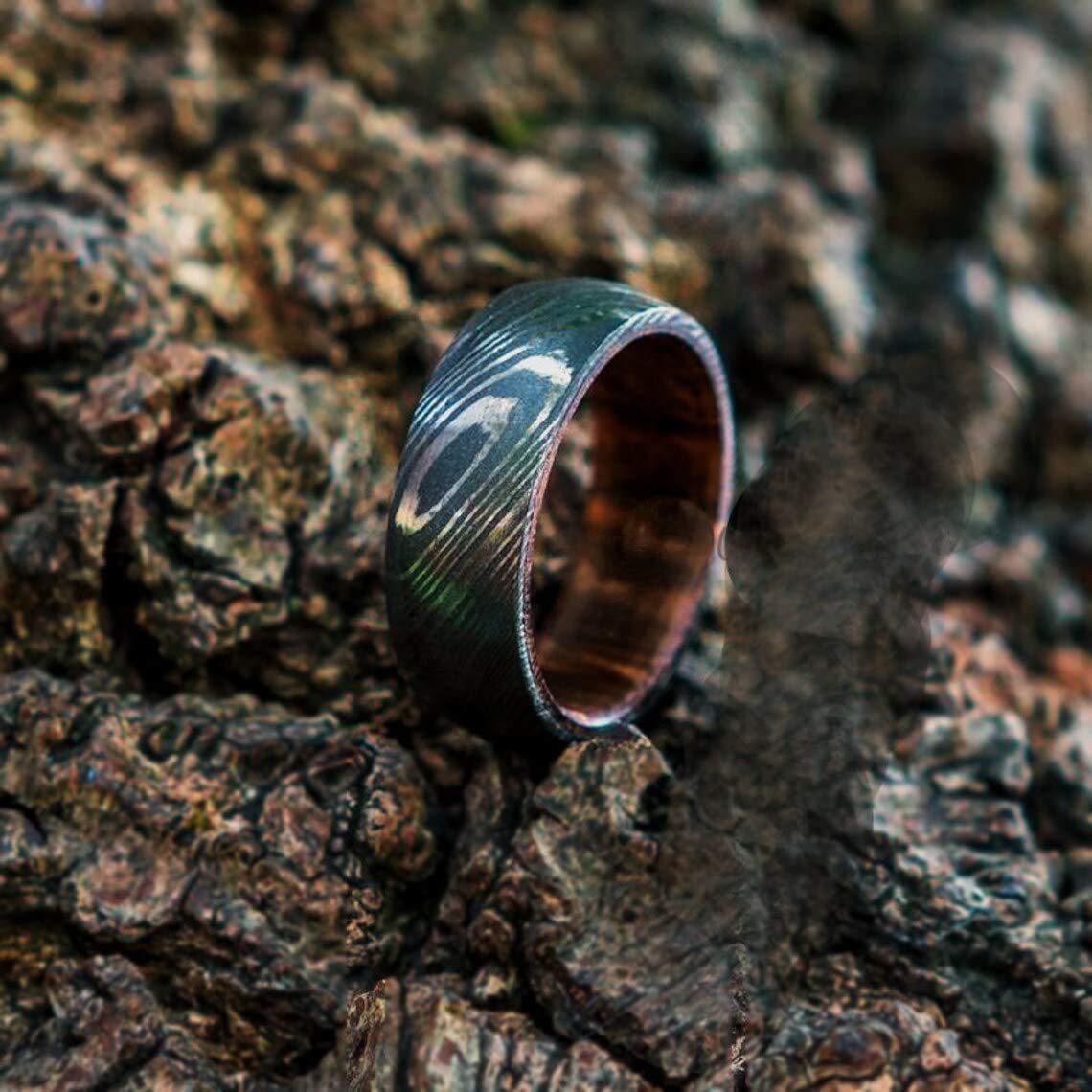 Handmade Damascus Steel Ring with Hardwood Sleeve - Custom Anniversary, Wedding Band & Father's Day Gift for Men (Color Variations May Occur) | Perfect for Engagements, Weddings & Special Occasions
