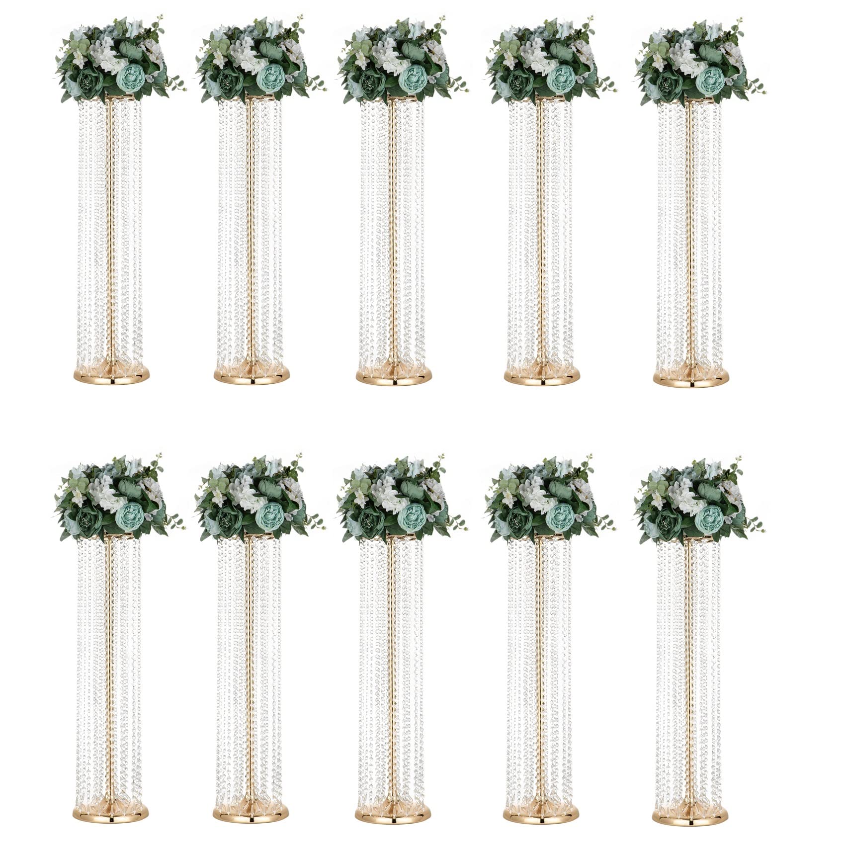 10pcs 35.4 Inch Tall Crystal Vases - Gold Metal Flower Stands for Wedding Centerpieces, Party Decor, Home & Table Decorations - Elegant Chandelier Style for Dining Room, Living Room & Event Decor
