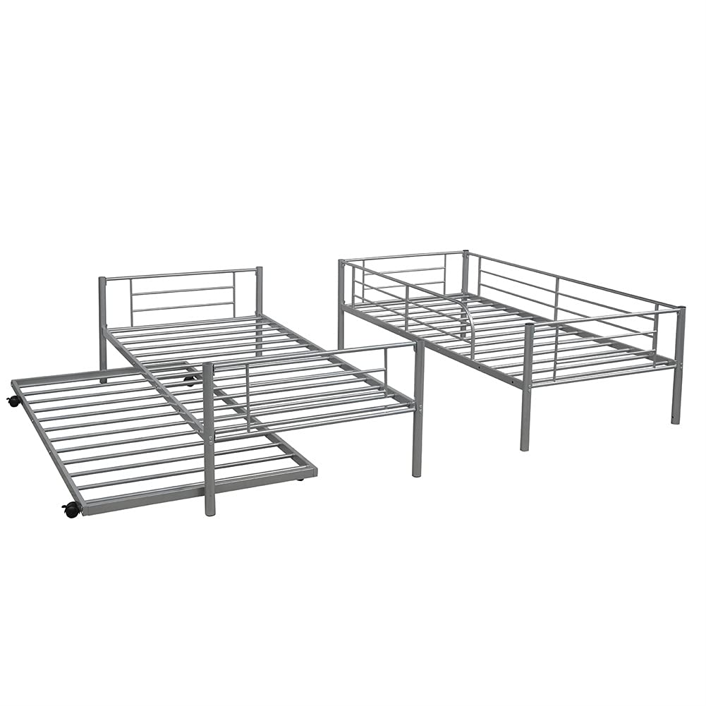 Metal Twin Over Twin Bunk Bed with Trundle - Convertible to 2 Separate Beds, No Box Spring Required (Silver) | Space-Saving Kids Bedroom Furniture for Small Rooms, Guest Rooms & Vacation Homes