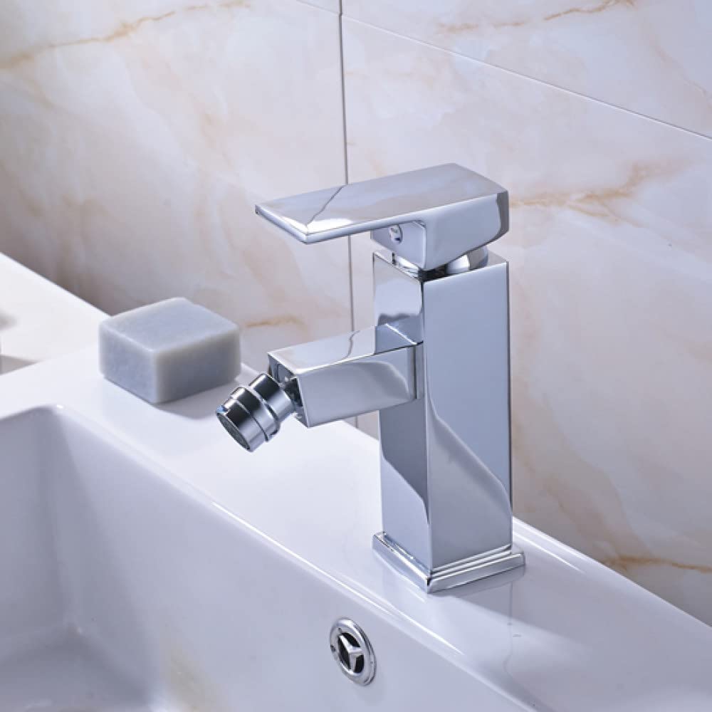 Polished Chrome Single Lever Bathroom Sink Faucet - Deck Mounted Square Bidet Mixer Tap for Modern Bathroom (Style A) - Perfect for Women's Bathroom, Powder Room & Guest Bath Decor