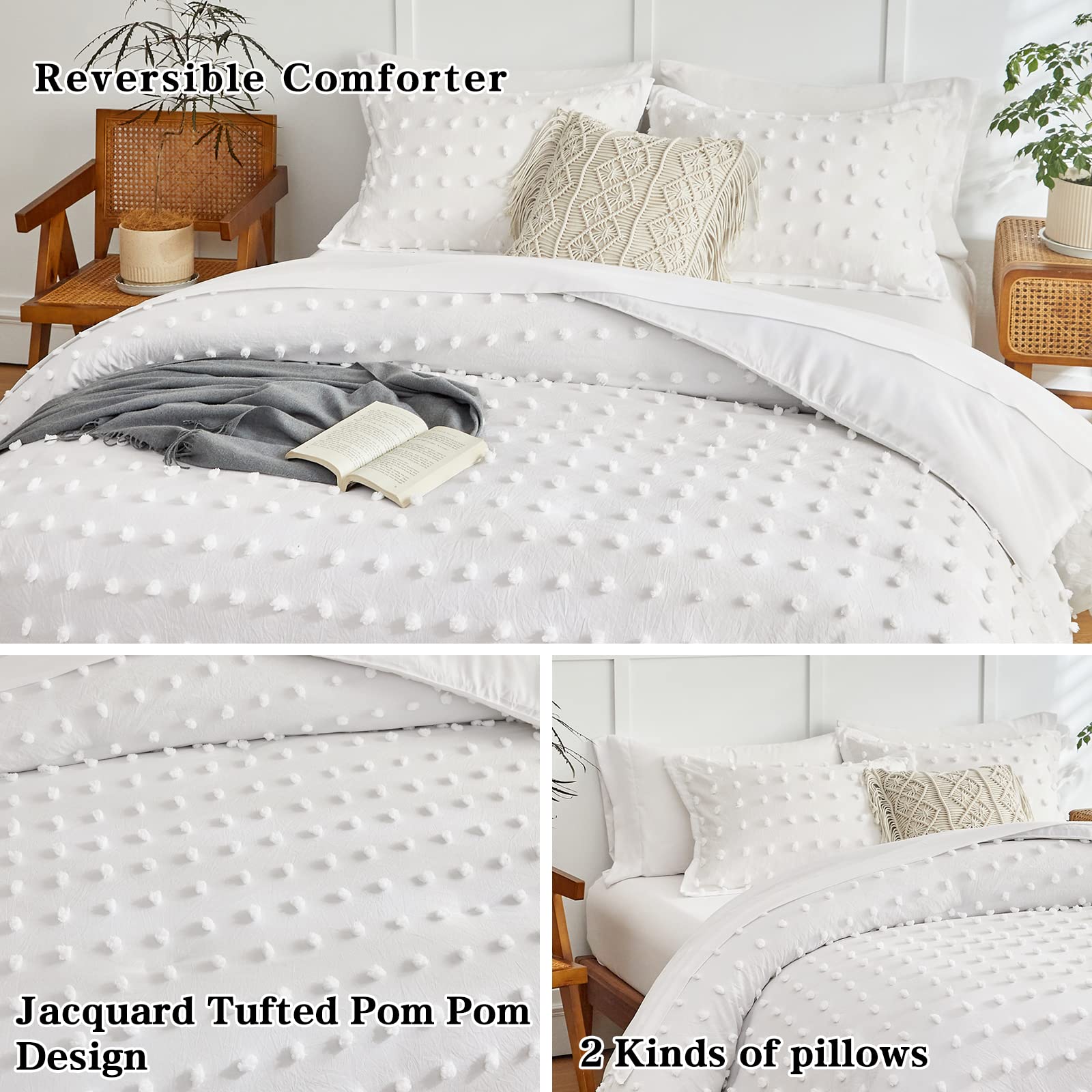 6-Piece Tufted Dots Twin Comforter Set with Sheets - Soft White Embroidery Shabby Chic Boho Bedding, Pom Pom Design Jacquard Tufts for Kids | Cozy & Stylish Nursery or Teen Room Decor