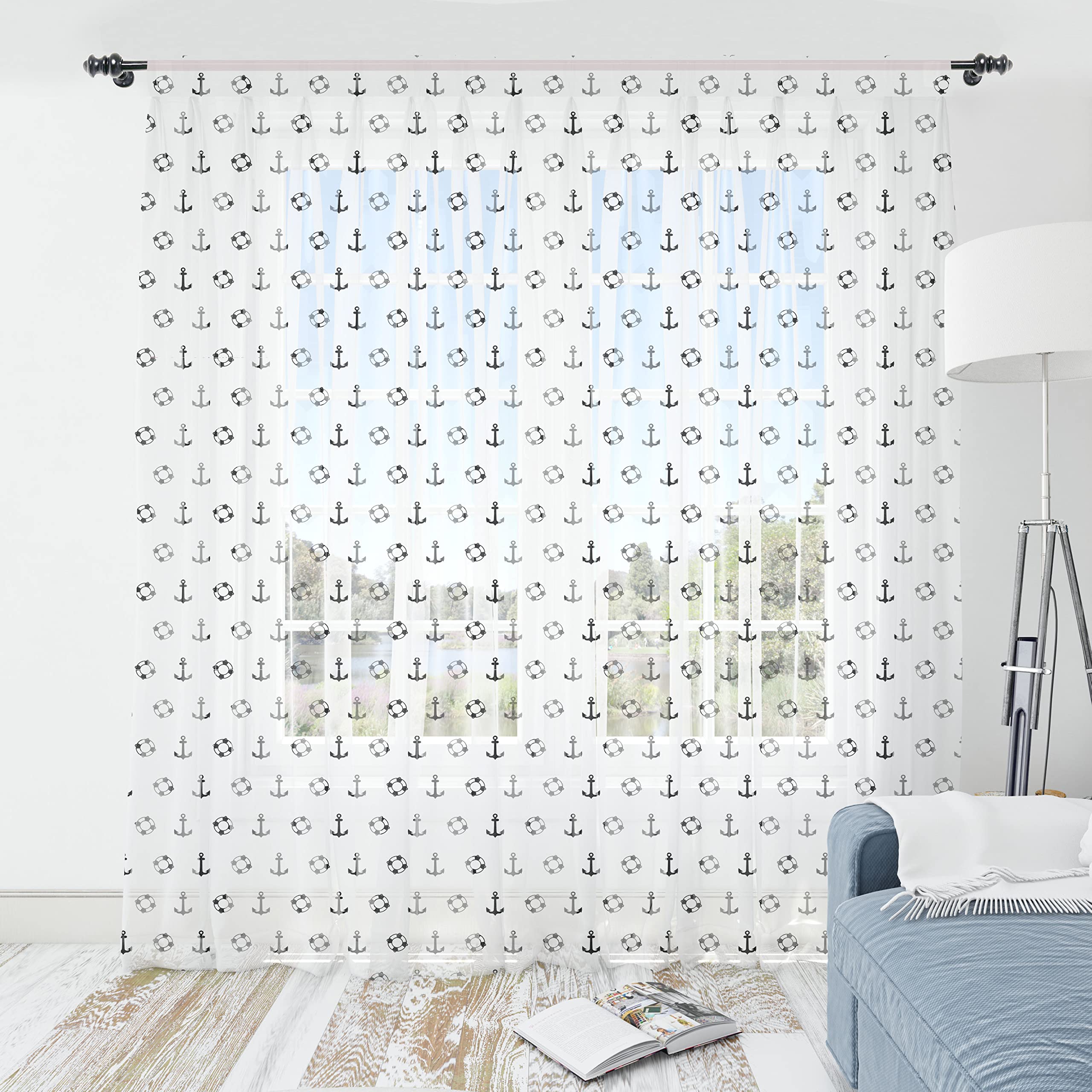 Ambesonne Nautical Tulle Curtains - Maritime Anchor & Ocean Pattern Sheer Drapes for Living Room, Bedroom, or Wedding Decor | 108