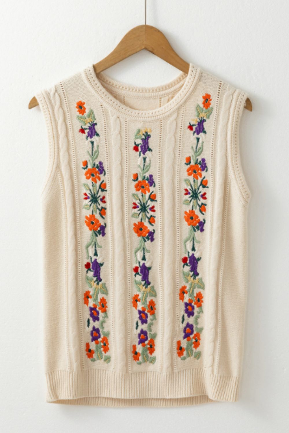 Embroidered Cable Knit Round Neck Sweater Vest for Women - Cozy Winter Layering Piece for Office & Casual Outfits