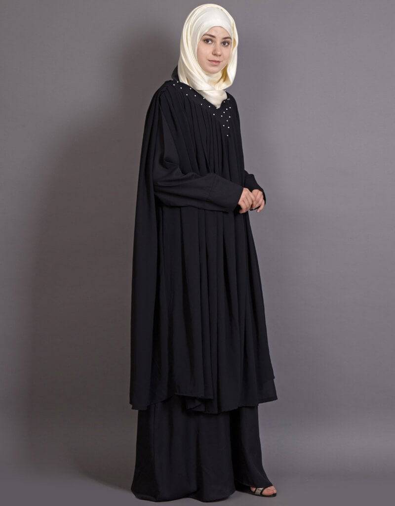 Elegant Black Arabic Embroidered Double Layer Abaya Dress for Women - Perfect for Parties, Weddings & Special Occasions