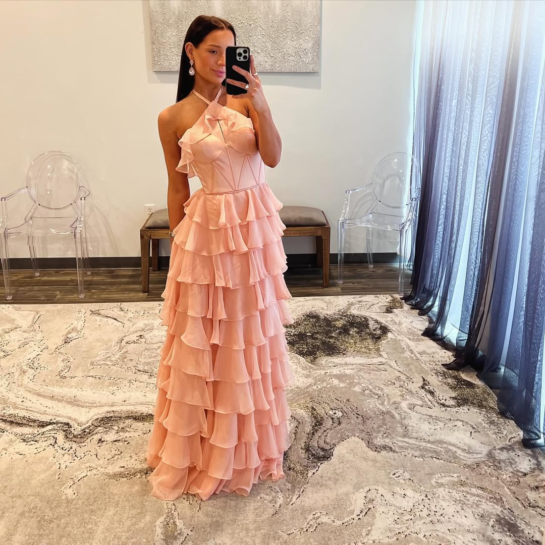 Elegant Pink Halter A-Line Tiered Long Prom Dress for Formal Evening Events - Perfect for Homecoming, Prom, and Black Tie Occasions - Style J5543