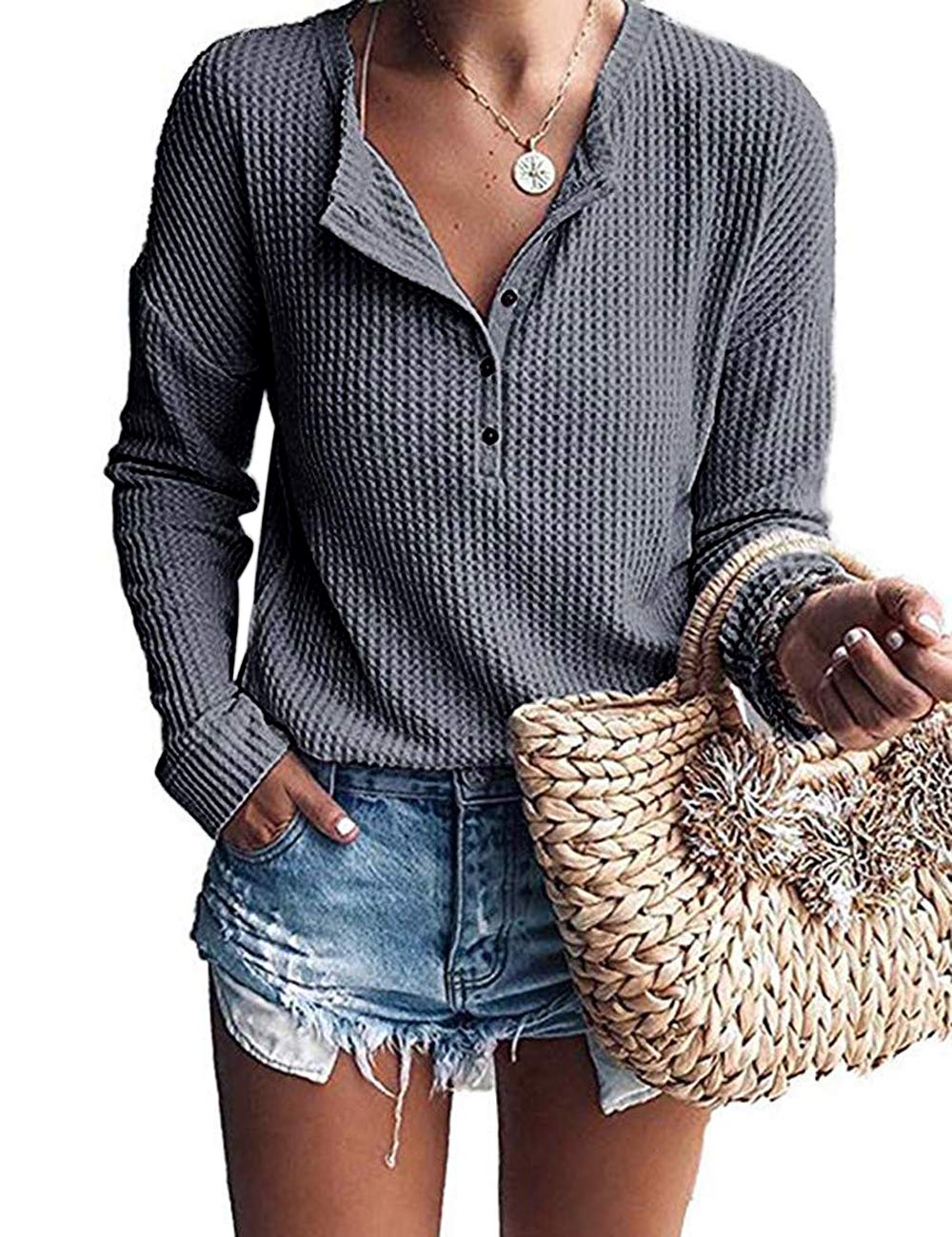 WNEEDU Women's Waffle Knit Tunic Top - Long Sleeve Loose Fit Button Up Henley Shirt with V-Neck | Casual Fall & Winter Layering Piece for Work & Weekend Outfits