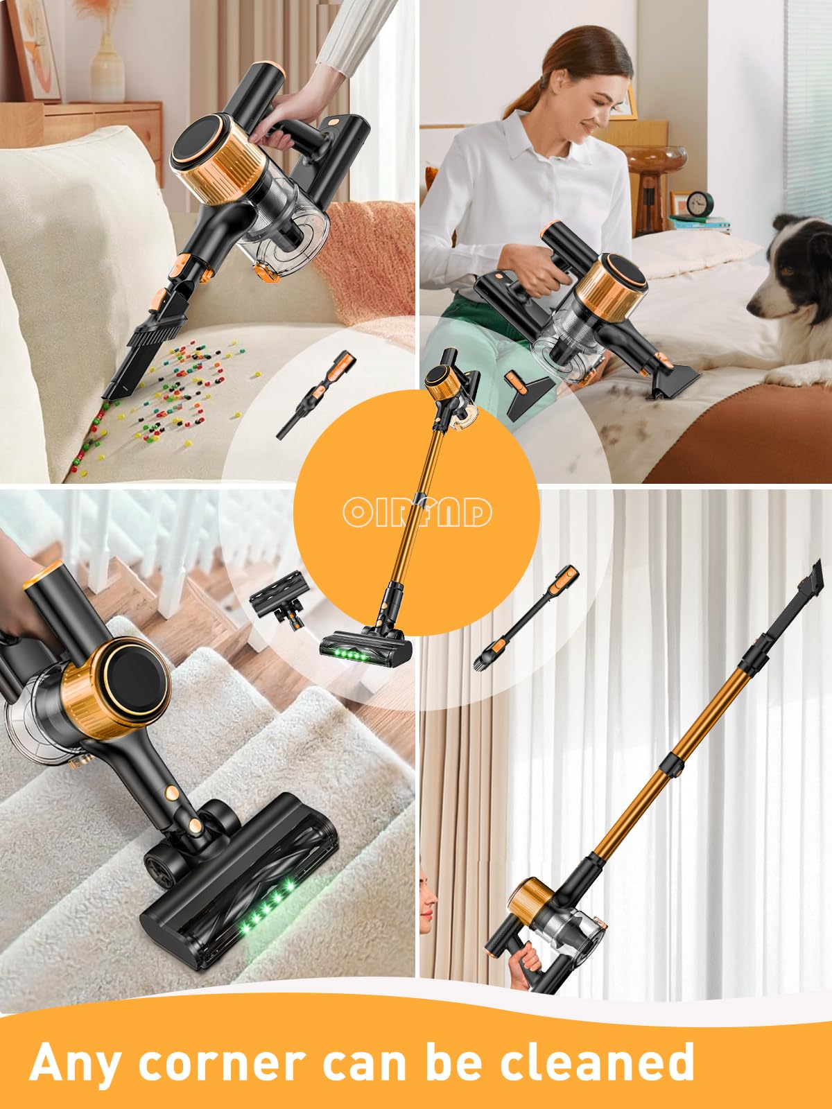 8-in-1 Cordless Stick Vacuum Cleaner 30Kpa with Anti-Tangle Brush & Green Light | 3 Cleaning Modes | 40 Min Runtime | Lightweight for Hardwood Floors & Pet Hair | Perfect for Home, Office & Car Cleaning