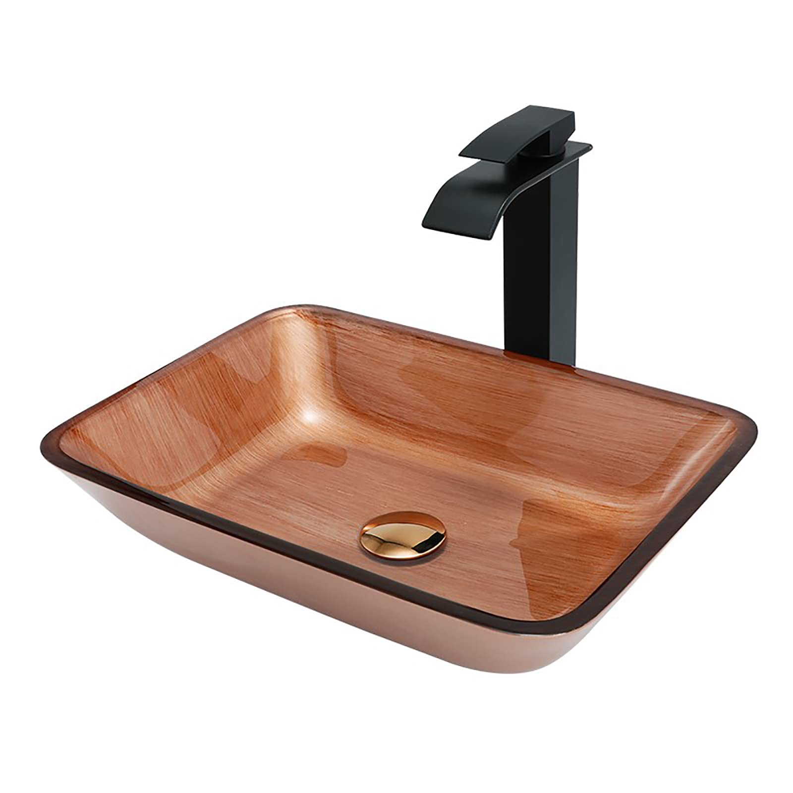 Modern Rectangle Tempered Glass Vessel Sink with Black Faucet & Drain Combo - Rose Gold Finish Above Counter Bathroom Vanity Sink for Contemporary Home Decor, Perfect for Master Bathrooms, Guest Suites, and Luxury Hotel Renovations