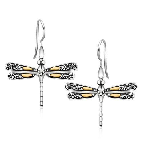 18K Yellow Gold & Sterling Silver Dragonfly Drop Earrings for Women - Elegant Dangle Jewelry for Parties, Weddings & Special Occasions