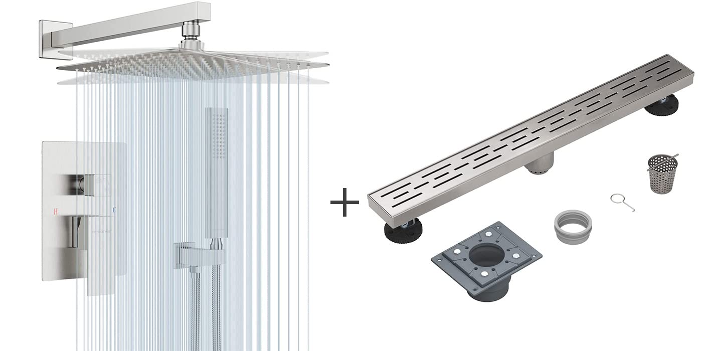 12 Inch Brushed Nickel Shower Faucet Set with 28 Inch Drain - Modern Bathroom Fixture for Spa-Like Shower Experience | Durable Stainless Steel Construction | Easy Installation for Home Renovation
