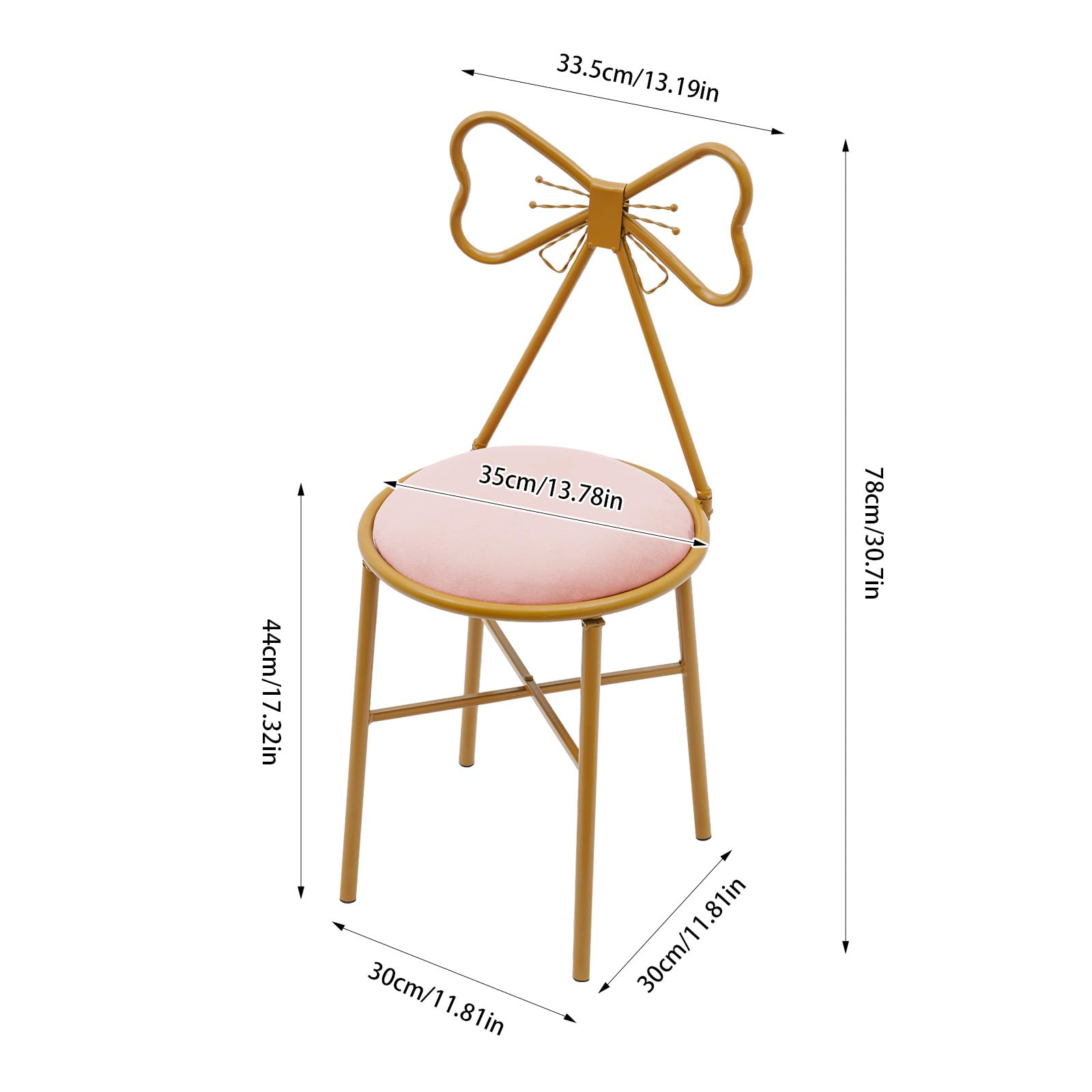 Elegant Pink Velvet Vanity Stool with Butterfly Bow Tie Backrest & Metal Frame - Comfortable Dresser Seat for Bedroom, Makeup, Lounge - Also Perfect for Kitchen, Pub, Breakfast Nook & Coffee Dining Areas