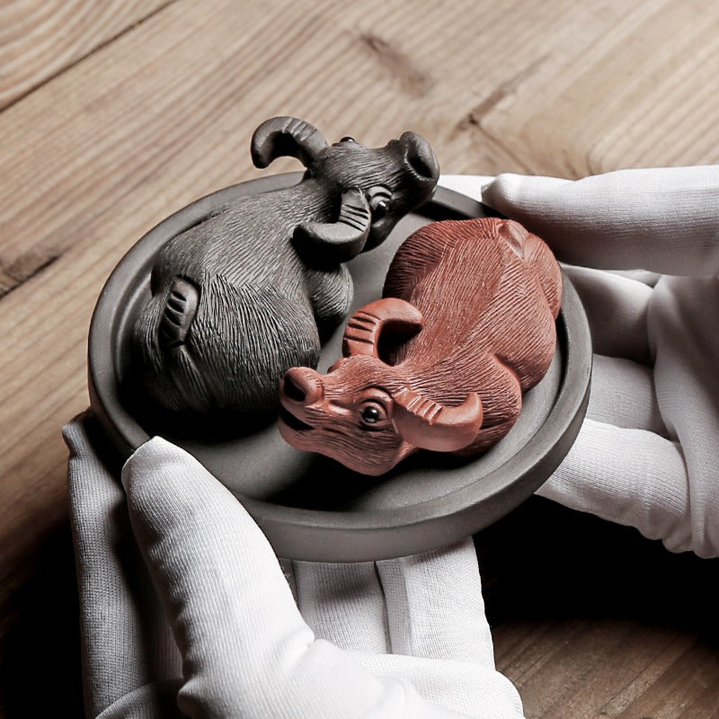 Yixing Clay Ba Gua Buffalo Tea Pet - Handmade Chinese Ceramic Tea Companion for Gongfu Tea Ceremony, Good Luck Symbol & Decoration for Tea Table