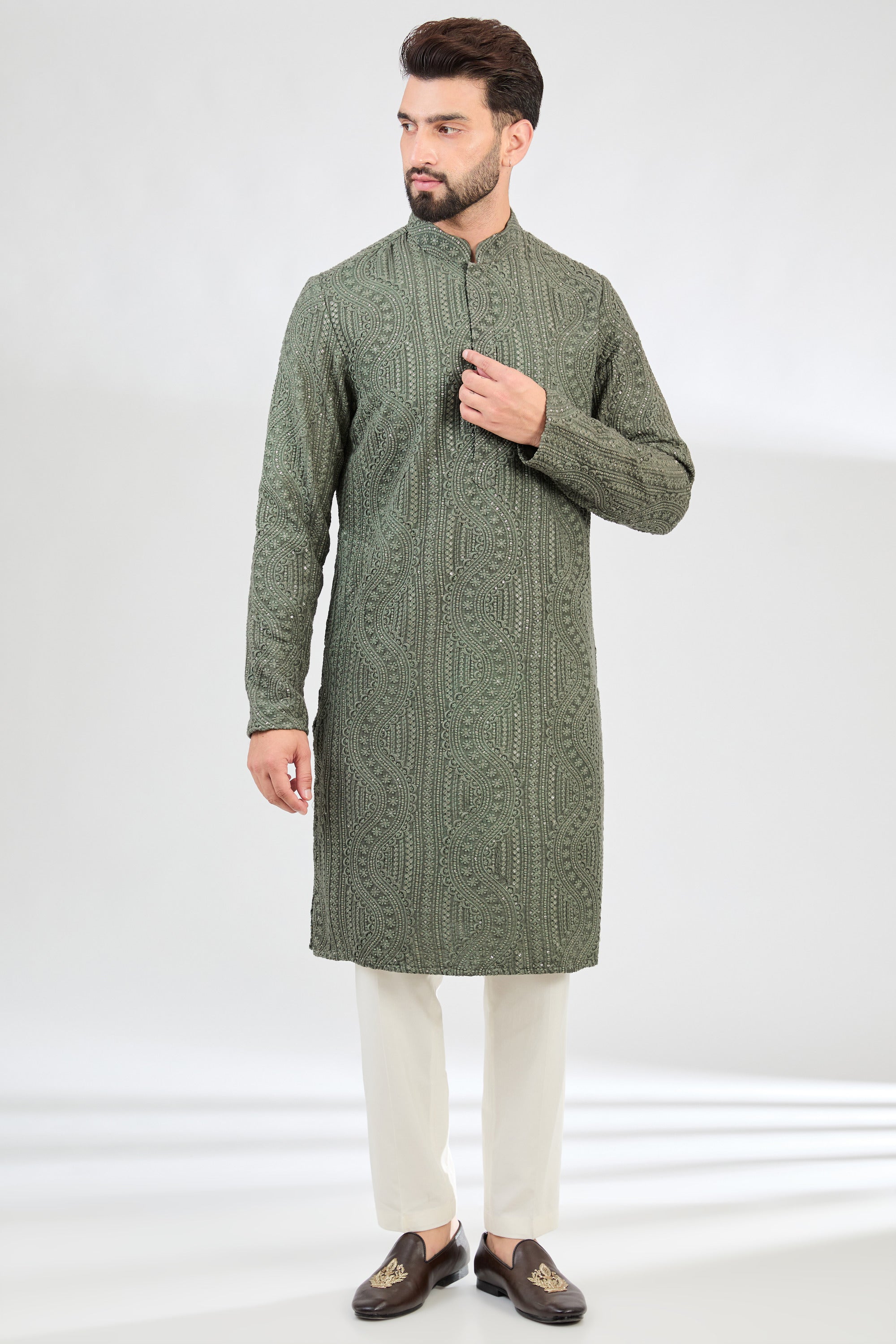 Stylish Military Green Chikankari Kurta for Women - Traditional Indian Embroidered Tunic - Perfect for Festivals, Weddings & Casual Wear