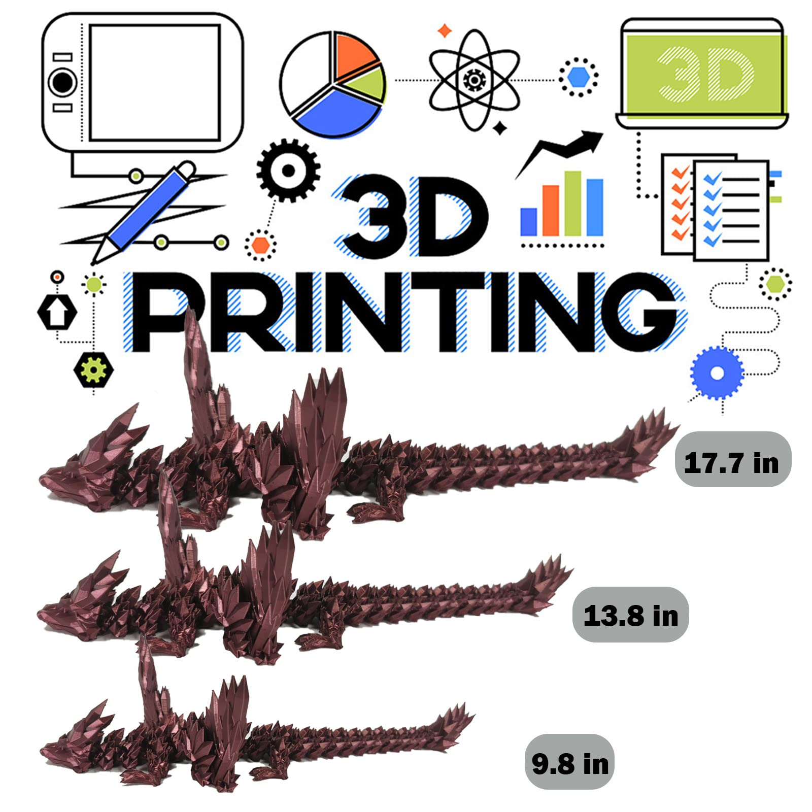 3D Printed Dragon Action Figure - Flying Diamond Dragon with Movable Joints & Wings - Bronze God of Strength Collectible Toy (17.7 Inch) - Anti-Anxiety Relief for Adults & Collectors - Perfect for Display, Stress Relief & Fantasy Collections