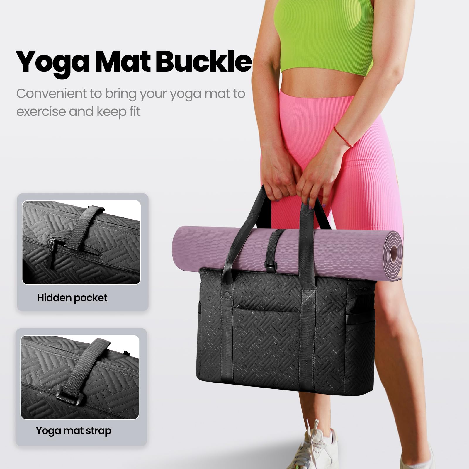 Stylish Large Tote Bag for Women with Zipper & Multiple Pockets - Durable Work Tote Handbag with Padded Handles & Yoga Mat Buckle - Perfect for Office, Travel, Gym & Everyday Use