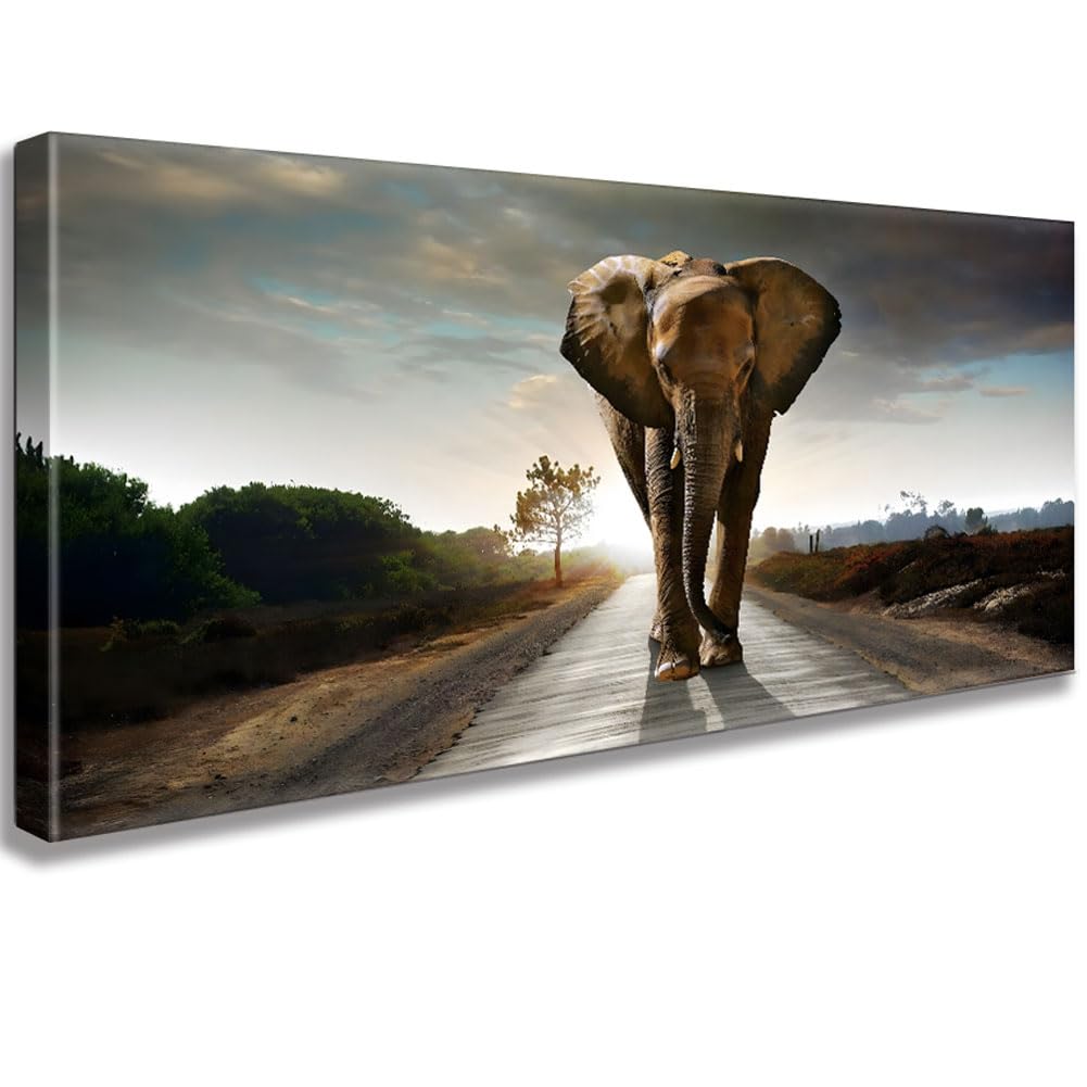 Black and White Elephant Canvas Wall Art - Large Modern Walking Animal Painting for Home & Bedroom Decor | Perfect for Living Room, Nursery & Office