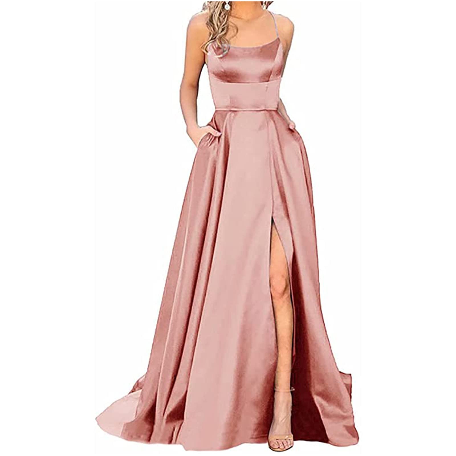 Elegant Spaghetti Strap Satin Prom Dress for Women - Backless Long Formal Gown with Side Slit & Pockets | Perfect for Evening Parties, Homecoming, Cocktail Events & Special Occasions
