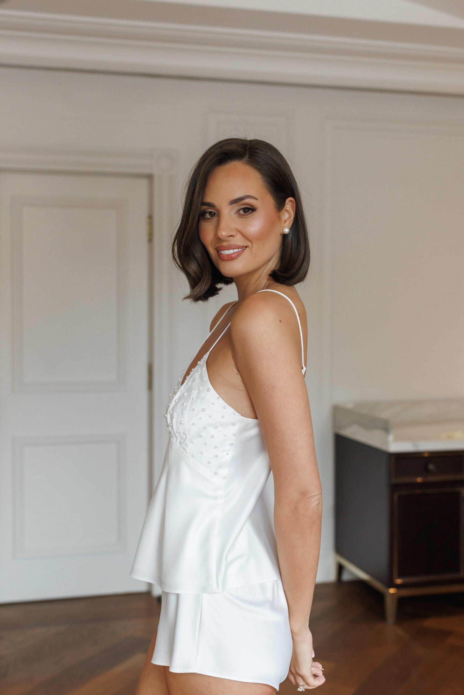 Elodie Pearl Beaded Cami Bridal Set - Elegant Lace Wedding Lingerie for Bride, Perfect for Bridal Shower, Honeymoon & Romantic Occasions