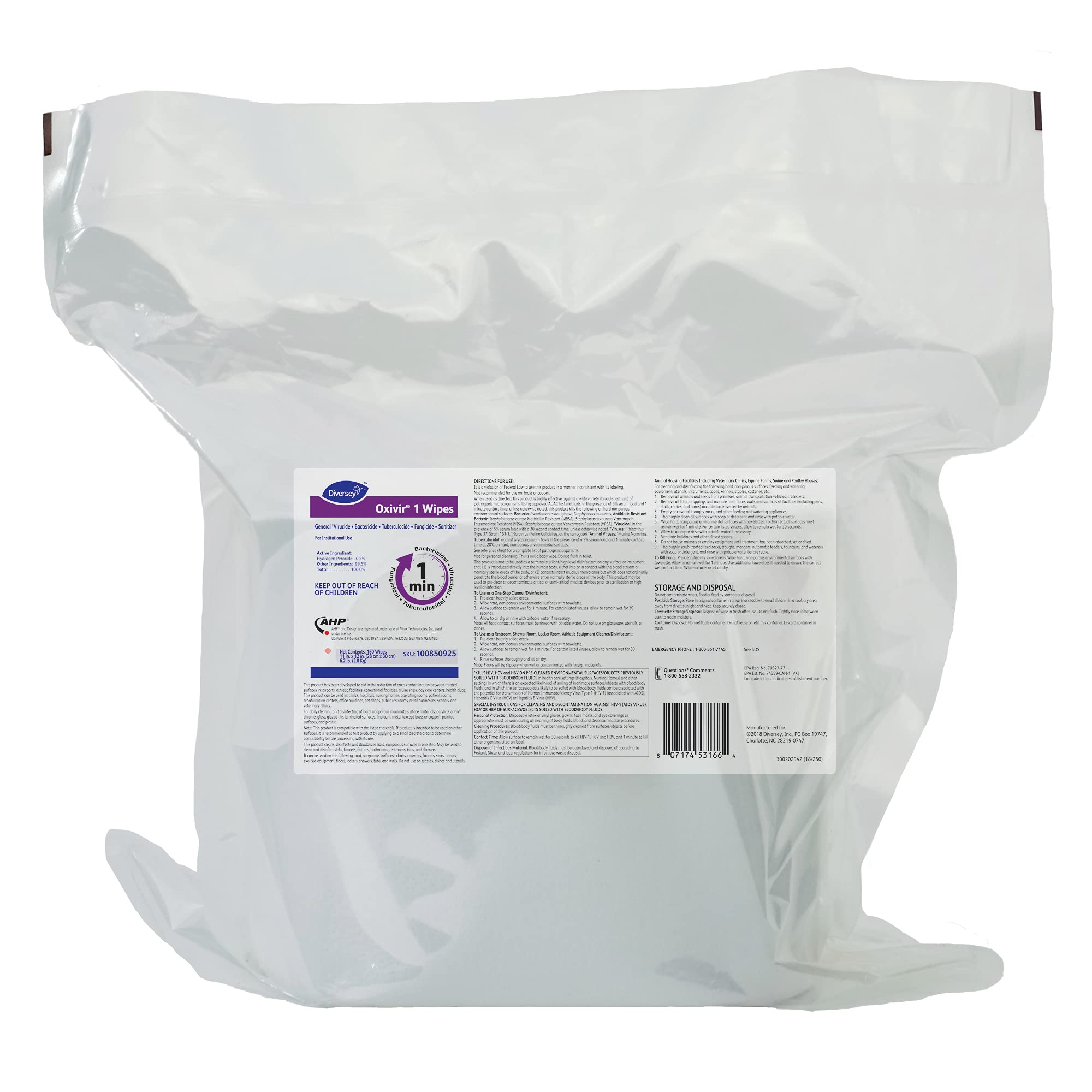 Diversey Oxivir 1 100850925 Disinfectant Wipes | Virucidal, Bactericidal, Tuberculocidal, Fungicidal | Accelerated Hydrogen Peroxide Formula | 160 Extra Large 11